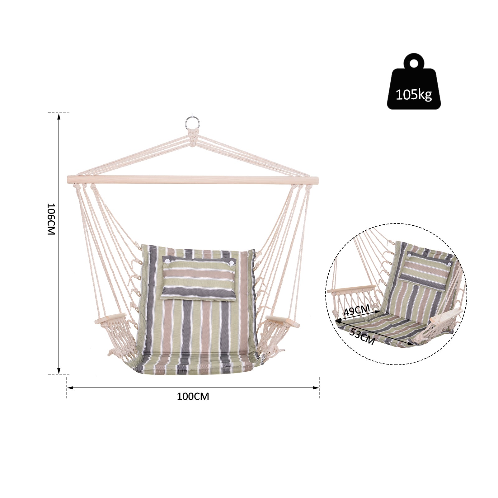 Outsunny Hanging Hammock Chair, Outdoor Garden Rope Swing with Wooden Arms, Wide Safe Seat, Stylish Multicoloured Stripes