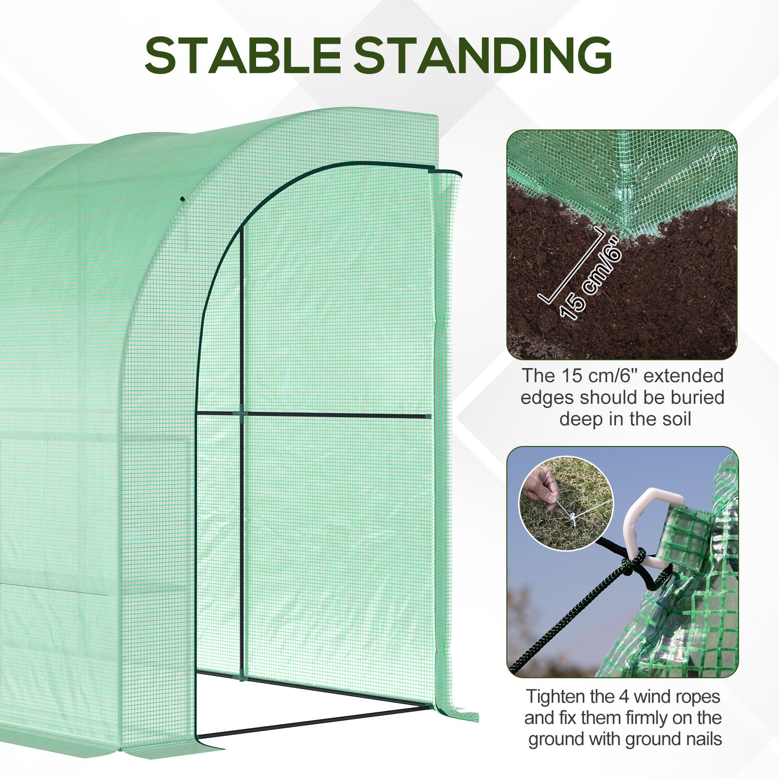 Kozy Walk-In Lean to Greenhouse with Windows and Zippered Doors, 2 Tiers 6 Wired Shelves 300L x 150W x 213Hcm Green