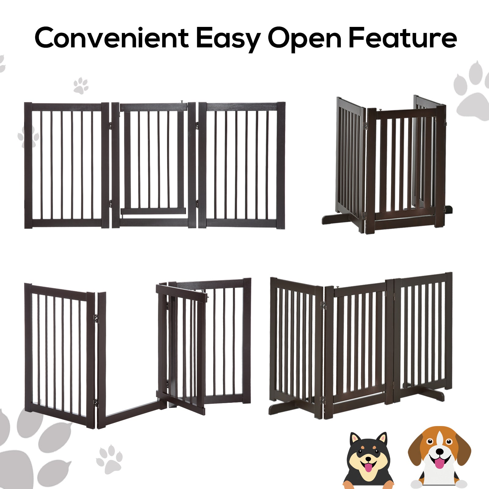 PawHut Pet Gate Freestanding Dog Gate For Stairs Wood Doorway Safety Pet Barrier Fence Foldable w/ Latch Support Feet Deep Brown, 155 x 76 cm