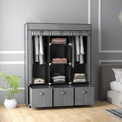 Kozy Fabric Wardrobe for Bedroom, Portable Wardrobe with 5 Shelves, 2 Hanging Rails and 3 Fabric Drawers, Foldable Closet, 125 x 43 x 162.5cm, Dark Grey