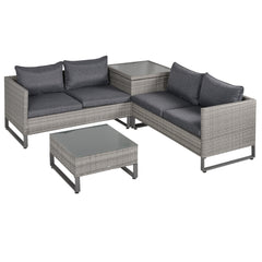 Kozy 4 Pieces Rattan Garden Furniture Set, 4 Seater Garden Sofa Set with Storage Box, Loveseats and Glass Top Table, Wicker Outdoor Conservatory Furniture with Cushions for Outdoor, Patio, Grey