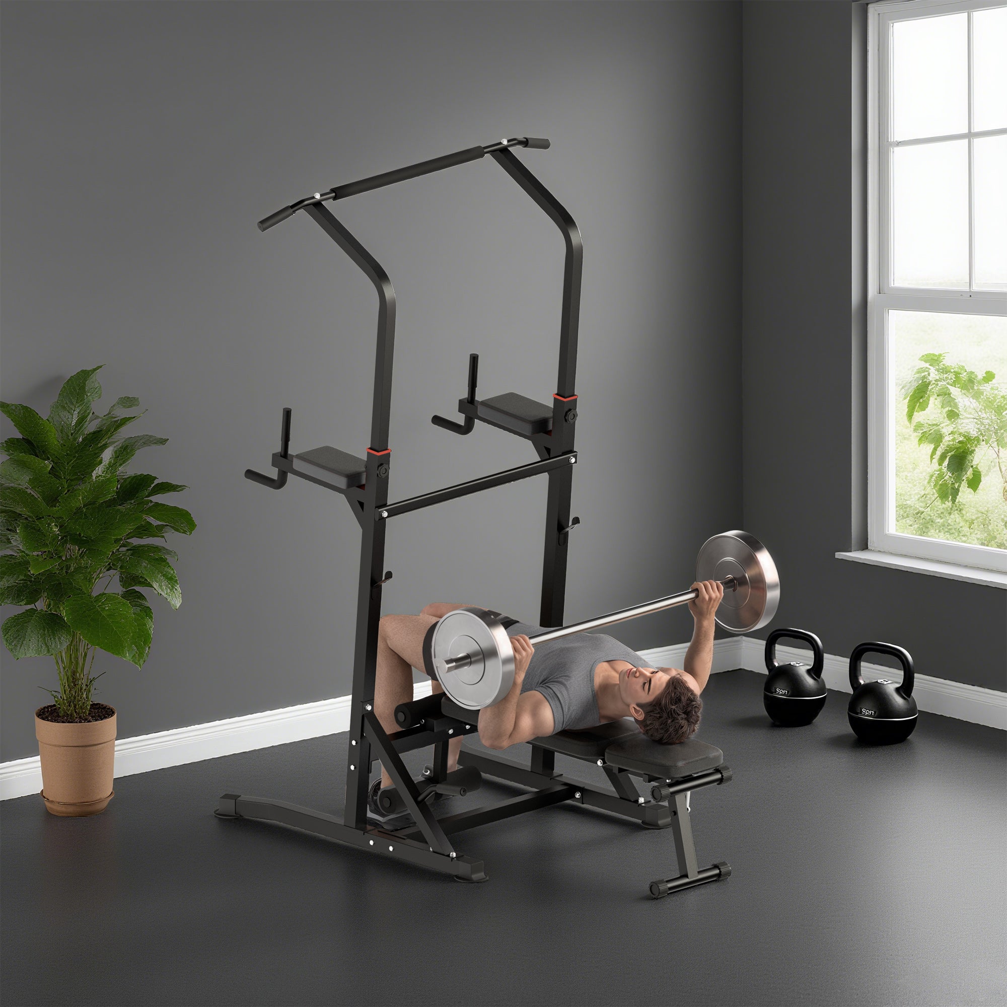 Kozy Pull Up Station with Adjustable Weight Bench, Dip Station and Barbell Rack, Multi-Function Power Tower Free Standing Pull Up Bar for Home Gym