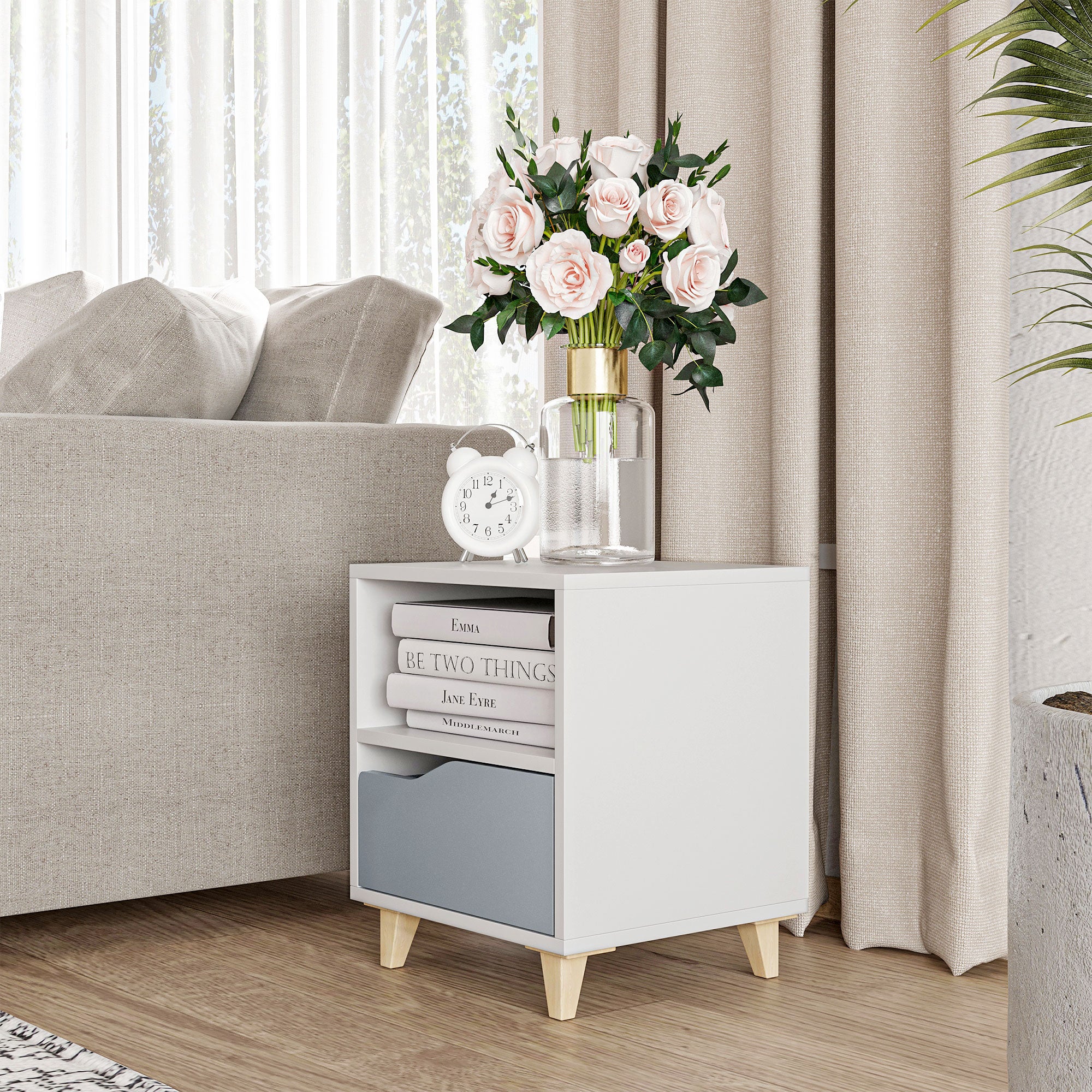 Kozy Modern Bedside Table, Side End Table with Shelf, Drawer and Wood Legs, 36.8cmx33cmx43.8cm, White and Grey