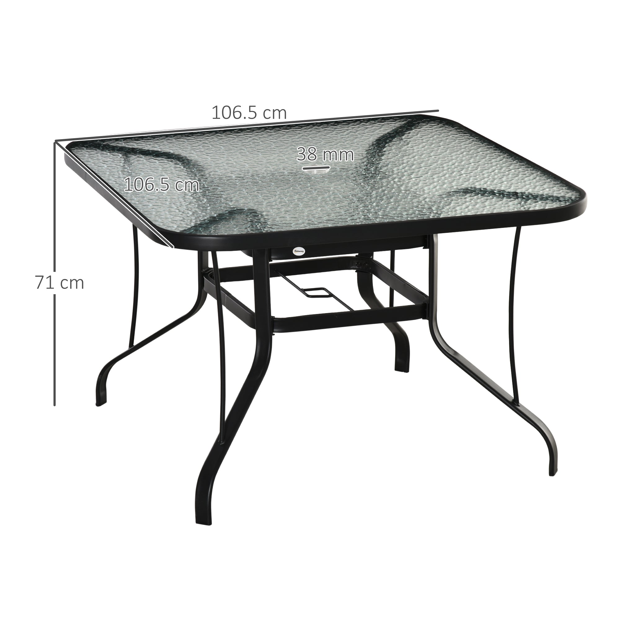 Kozy Square Outdoor Garden Dining Table with Parasol Hole, Tempered Glass Top, Steel Frame for Garden, Lawn, Patio, Black