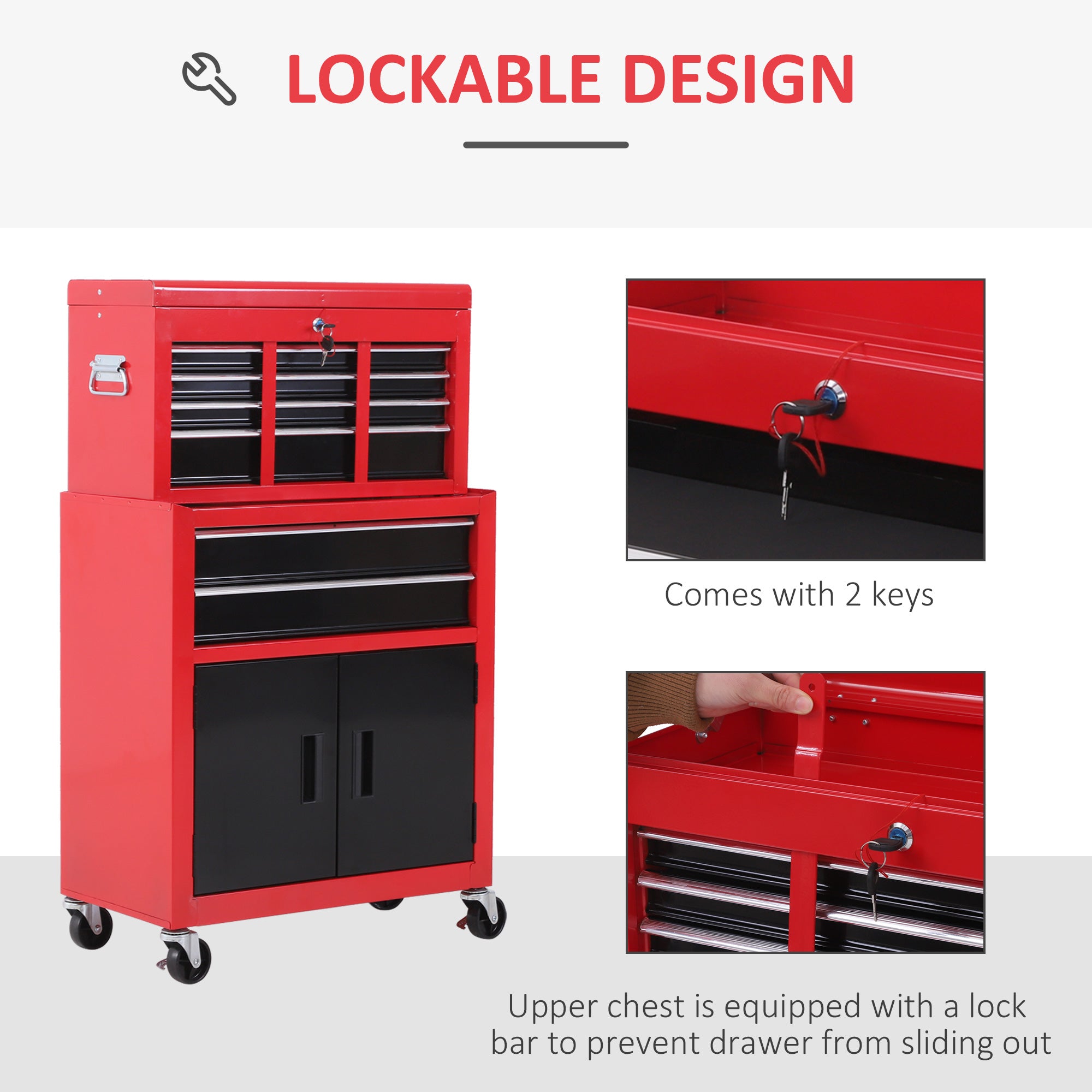 Kozy Tool Chest, Metal Tool Cabinet on Wheels with 6 Drawers, Pegboard, Top Chest and Roller Cabinet Combo, 61.6 x 33 x 108cm, Red and Black