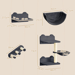 PawHut 4PCs Wall-Mounted Cat Shelves w/ Scratching Post, Hammock, Nest - Dark Grey | Aosom UK