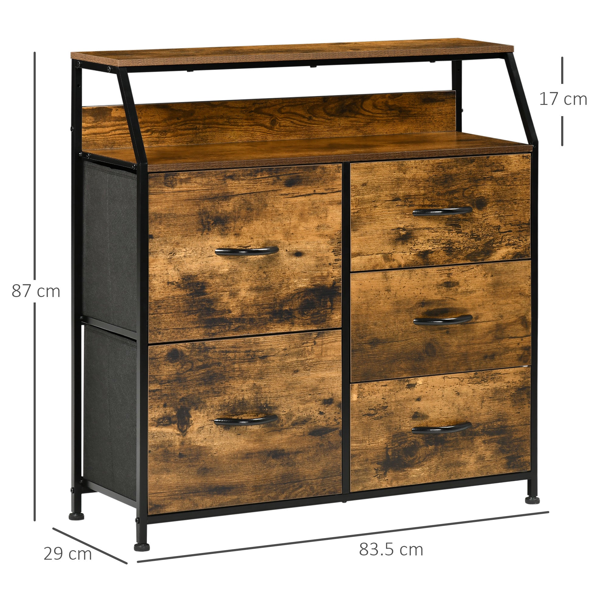 Kozy Bedroom Chest of Drawers, Industrial 5 Fabric Drawer Dresser with Open Shelf for Living Room, Rustic Brown
