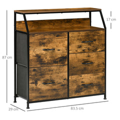 Kozy Bedroom Chest of Drawers, Industrial 5 Fabric Drawer Dresser with Open Shelf for Living Room, Rustic Brown