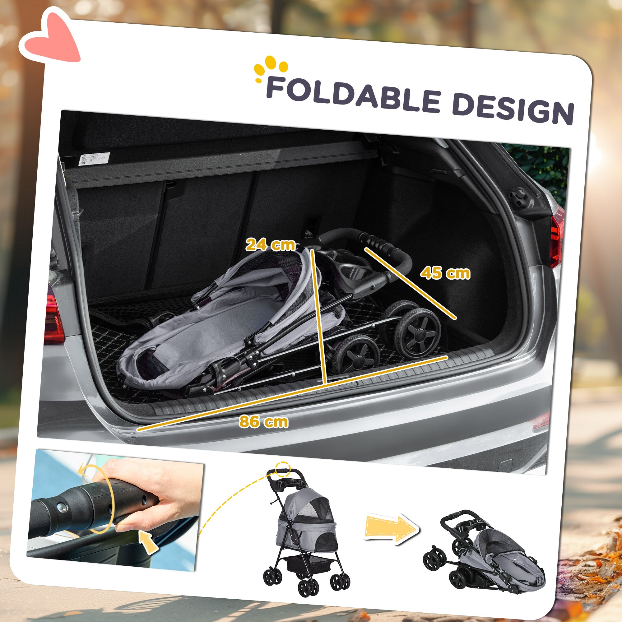 Kozy Dog Pram Dog Stroller Foldable Pet Pushchair with 4 Wheels, Safety Leashes, Cup Holder for Small Dogs, Grey