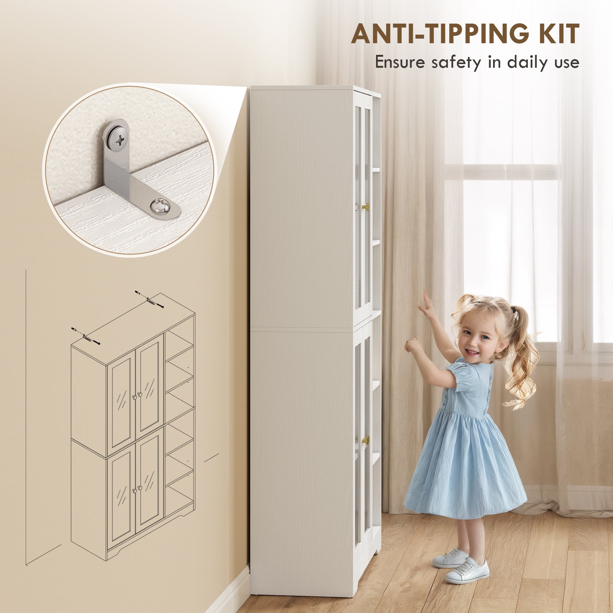 Kozy Multi-Storage Kitchen Cabinet, with Glass Doors - Grey Wood-Effect