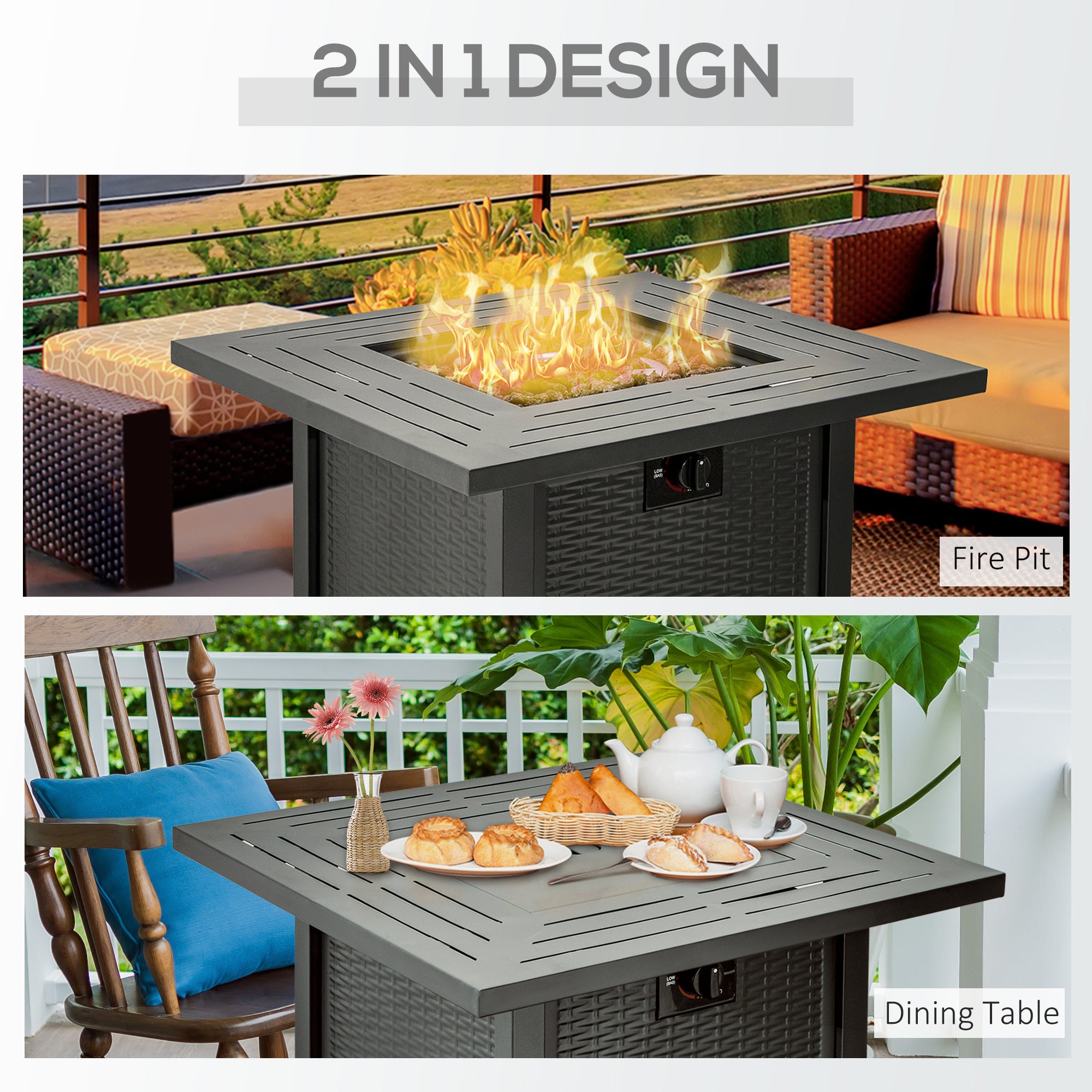 Kozy Square Propane Gas Fire Pit Table, 40000 BTU Rattan Smokeless Firepit Patio Heater with Protective Cover, Lava Rocks and Lid, 71cm x 71cm x 62cm, Black
