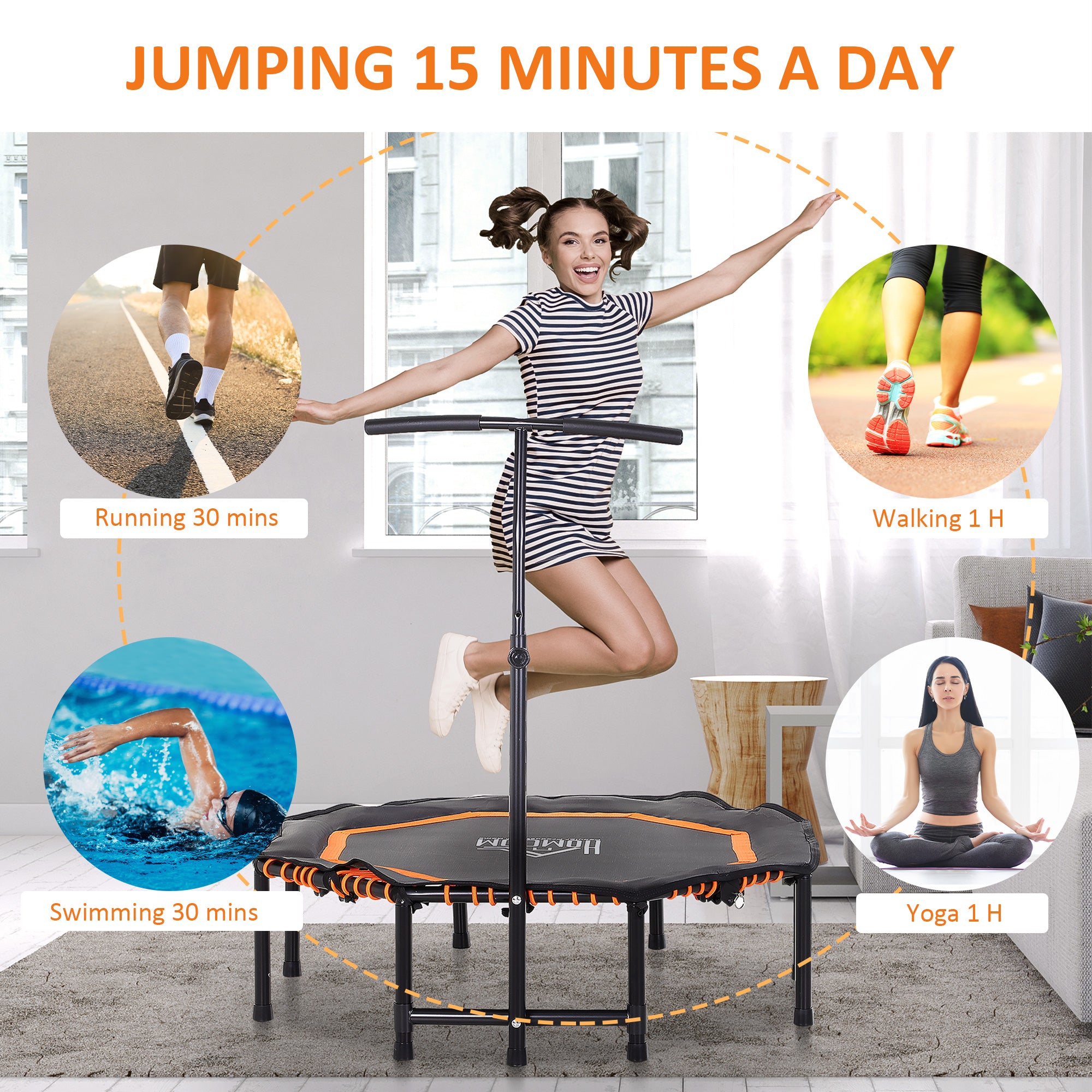 HOMCOM 48” Octagonal Mini Trampoline Rebounder Indoor Outdoor Foldable Mini Jumper with Adjustable Handle