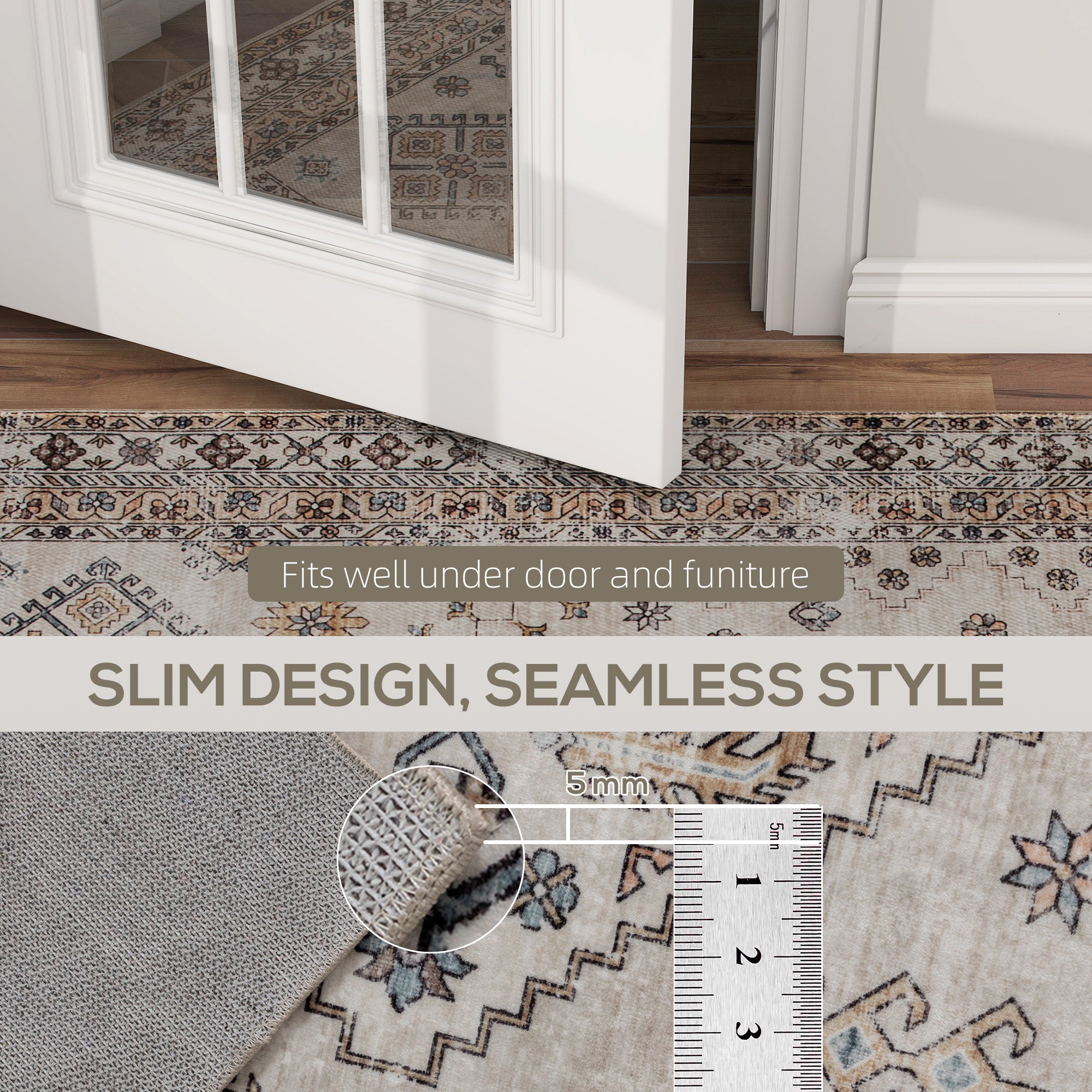 Kozy - Vintage Area Rug, Non-Slip Washable Rug, Flannel Floor Carpet for Living Room, Bedroom, Dining Room, Home Office, 170 x 120 cm, Beige