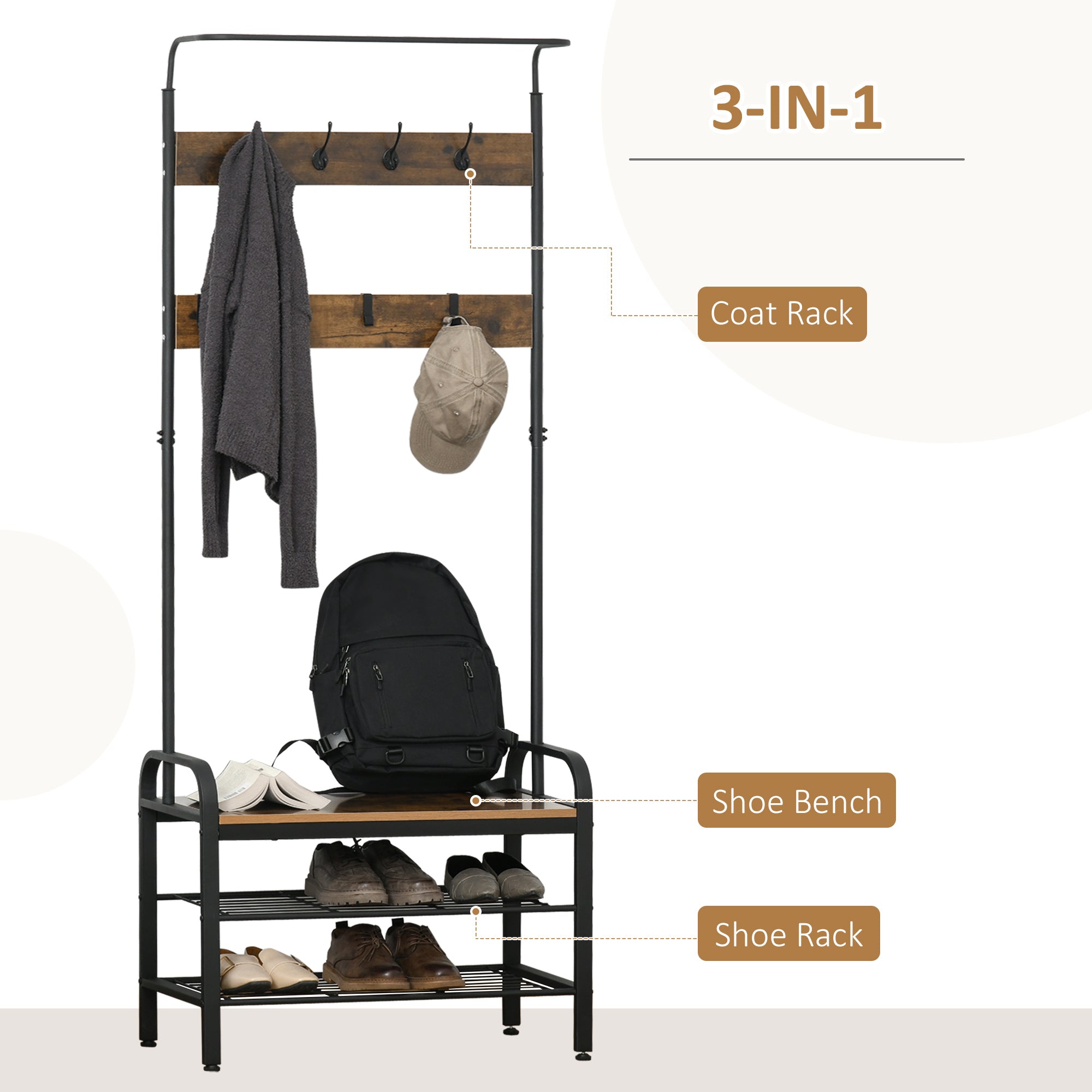 Kozy Coat Rack Stand Industrial hallway Shoe Rack Removable Hooks Metal Wood Hangers Storage Cabinet Rustic Brown 72L×34W×185H(cm)