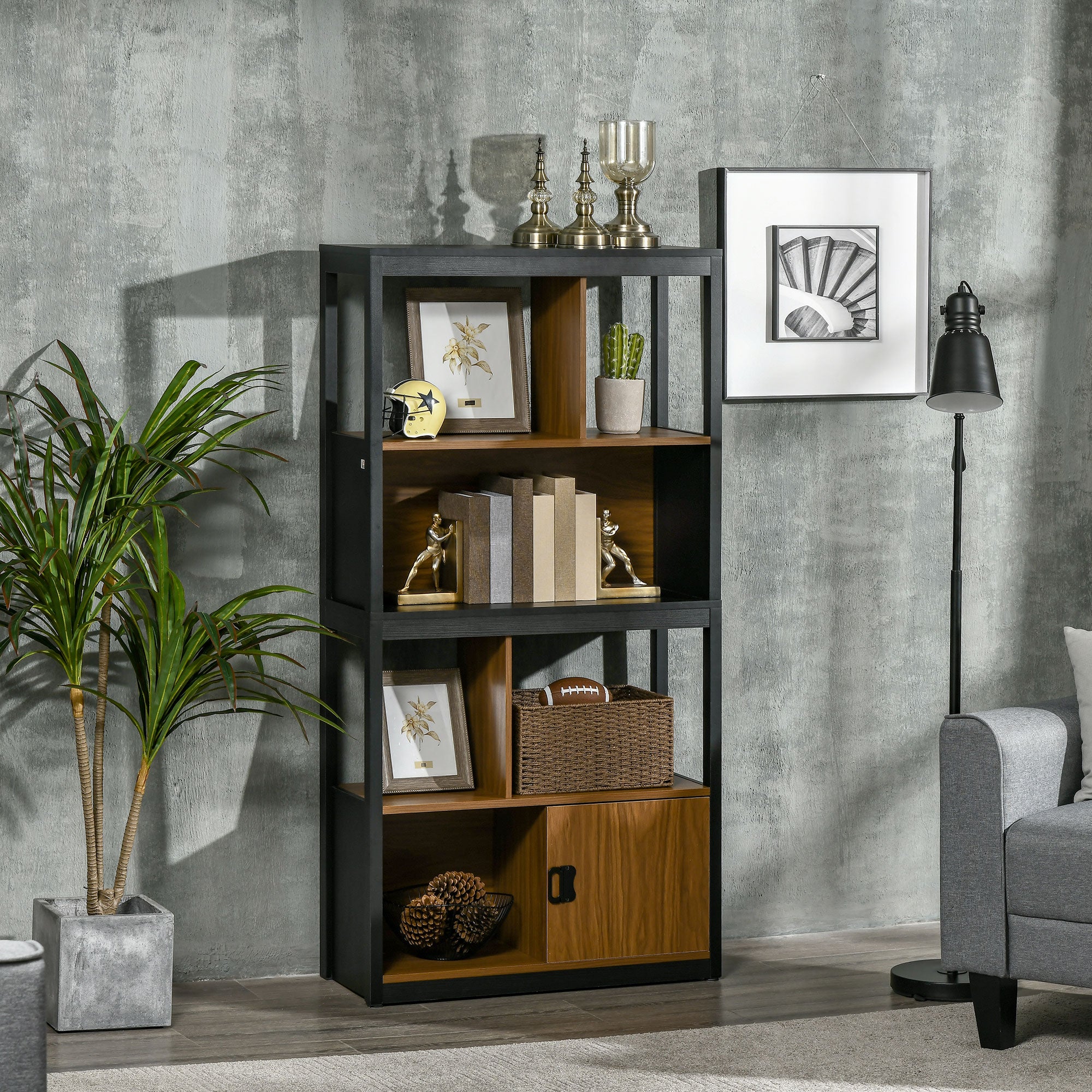 Kozy Modern 4-Tier Bookshelf, Freestanding Bookcase with Storage Shelving and Closed Cabinet, for Living Room Home Office Study, Walnut Brown
