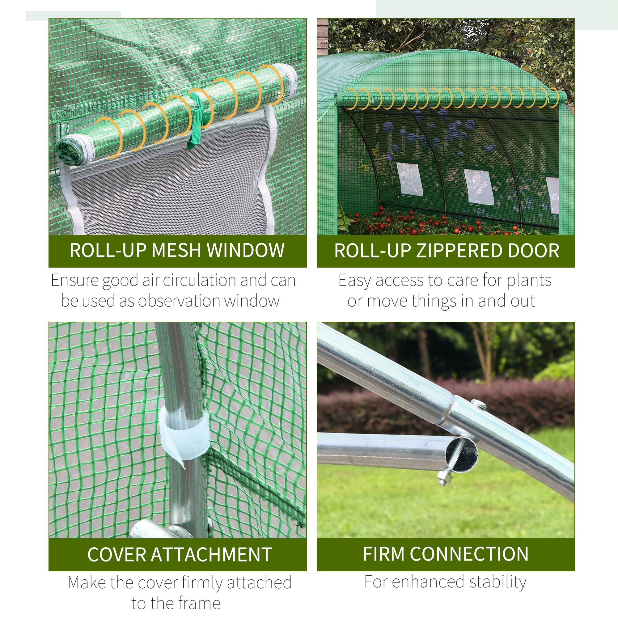 Kozy Walk-in Polytunnel Greenhouse, Outdoor Garden Tunnel Greenhouse Tent with Zipped Roll-Up Door and 6 Mesh Windows, 4 x 3M