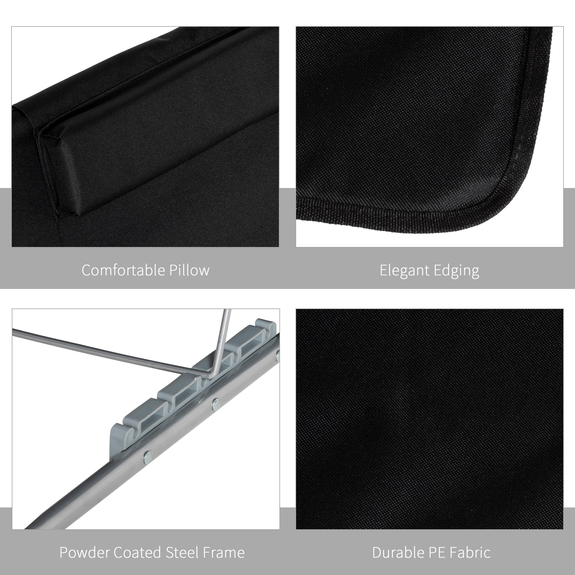 Kozy Set of 2 Foldable Garden Beach Chair Mat Lightweight Outdoor Sun Lounger Seats Adjustable Back Metal Frame PE Fabric Head Pillow w/ Carry Bag, Black