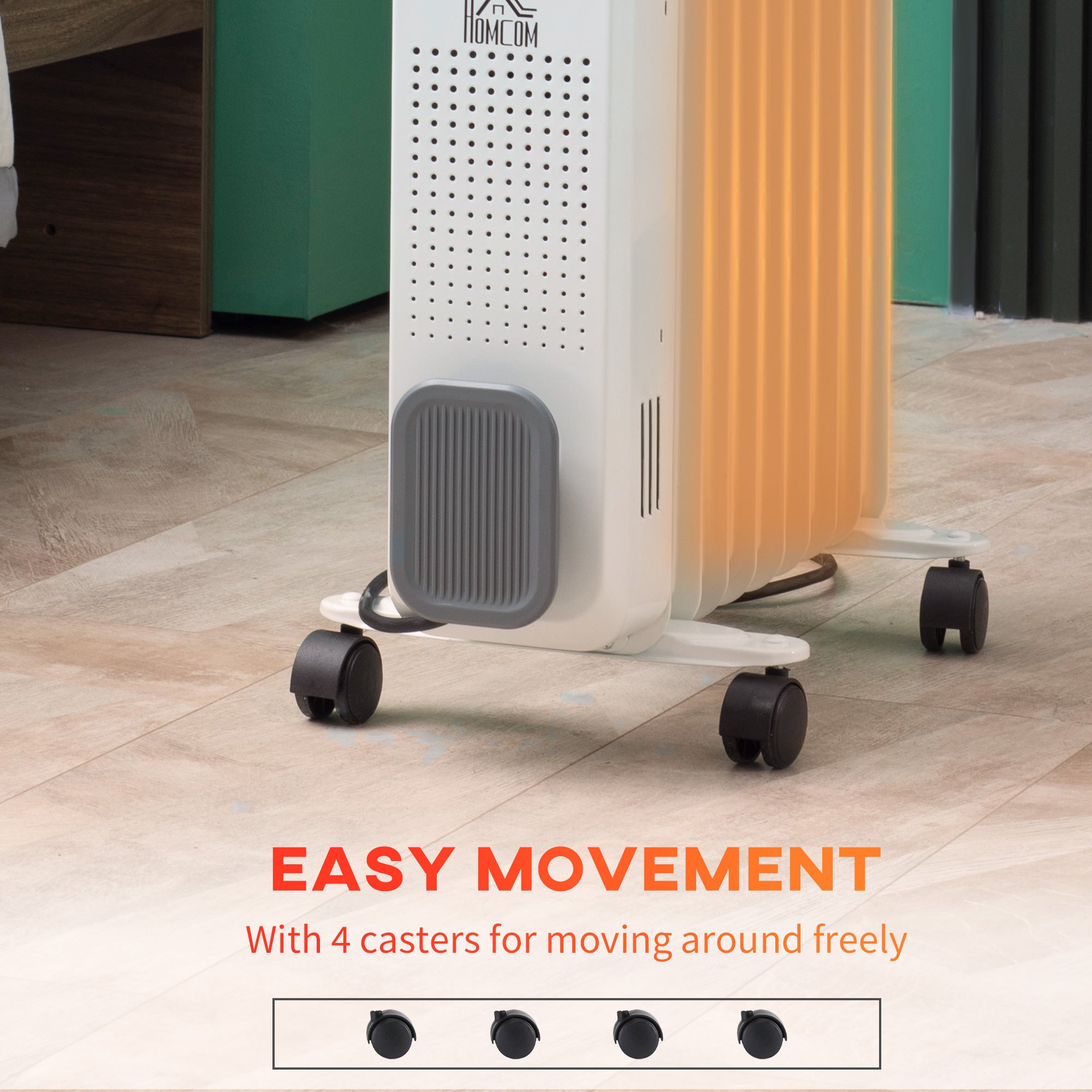 Kozy 2000W Oil Filled Radiator, 9 Fin, Portable Electric Heater with 3 Heat Settings, Safety Cut-Off and Wheels, White