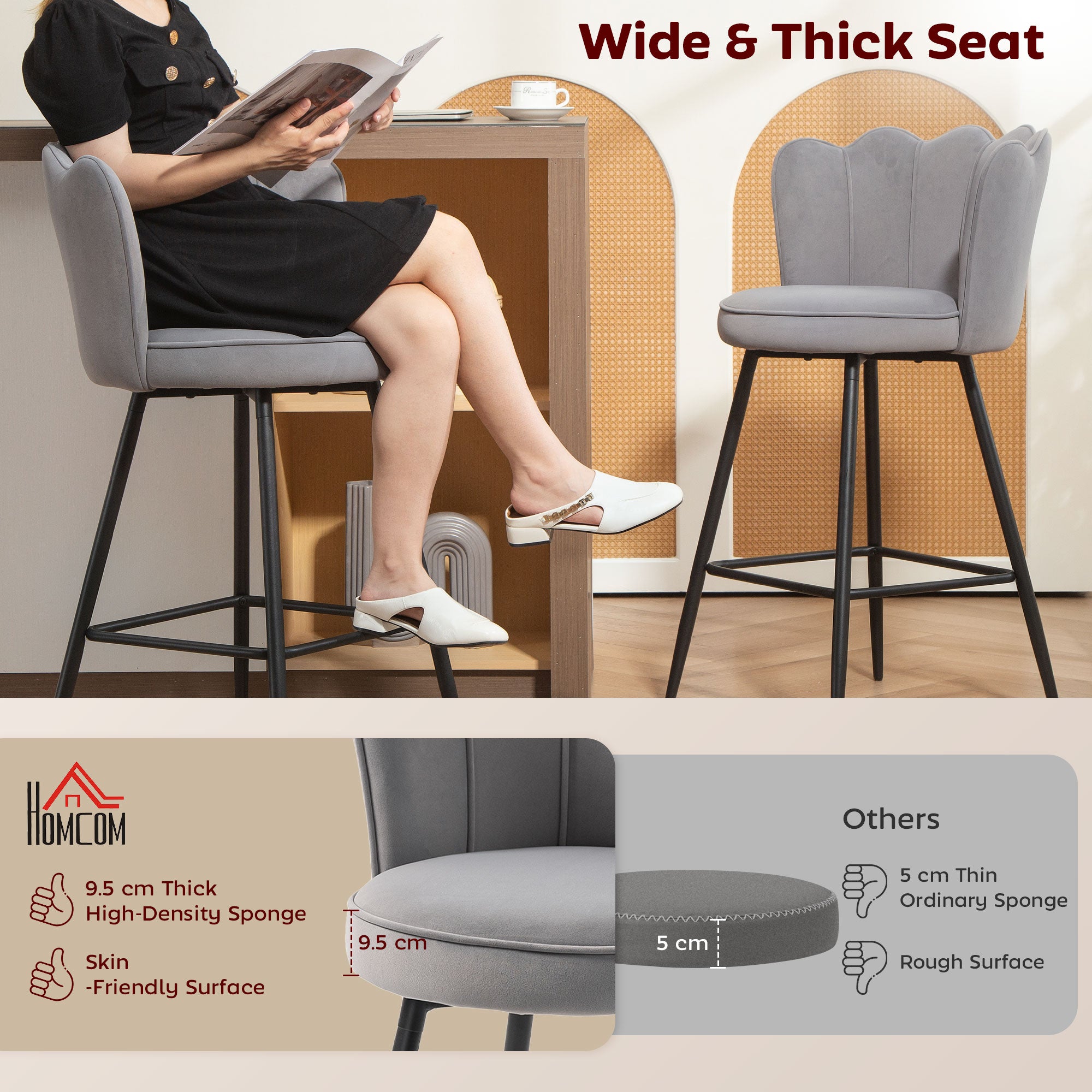 Kozy - Set of Two Velvet-Feel Lotus Bar Stools - Grey