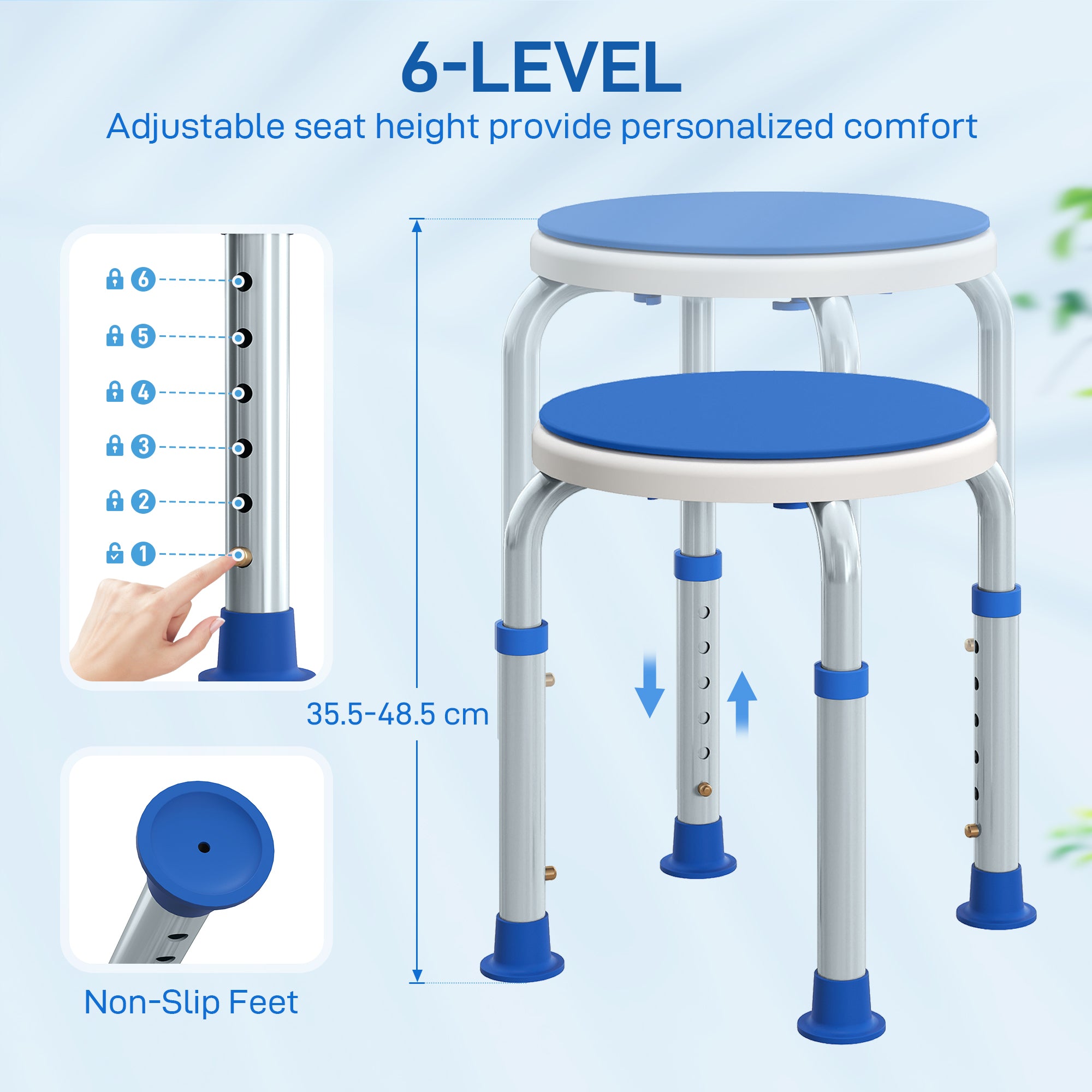 Kozy - 360° Swivel Shower Chair, Height Adjustable Aluminium Shower Stool with Non-Slip Feet for Disabled, Elderly, Blue