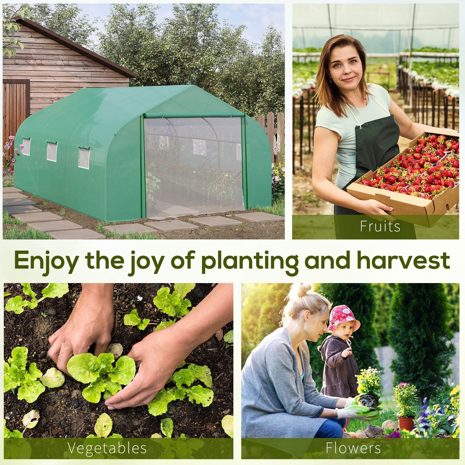 Kozy Walk-in Polytunnel Garden Greenhouse, Outdoor Mesh Door Greenhouse with PE Cover and 6 Windows, 4.5 x 3 x 2m, Green