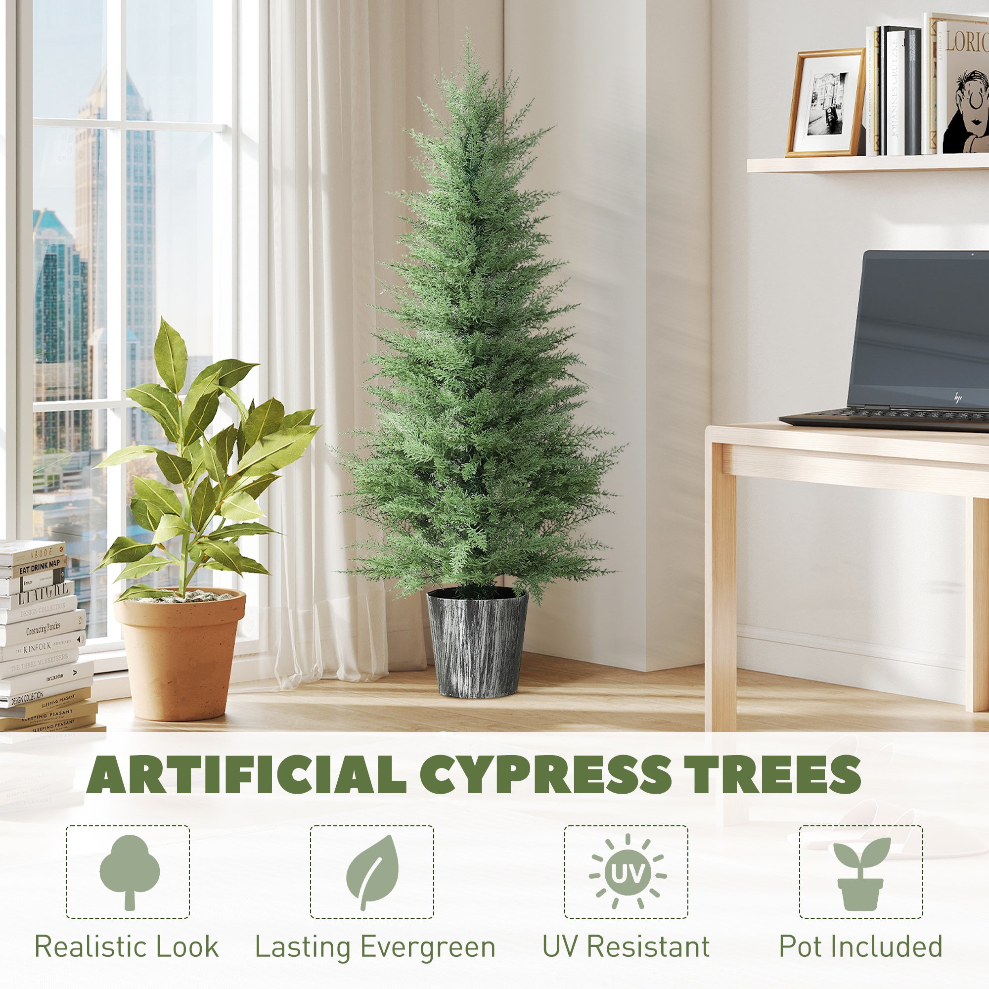 Kozy - 135cm Artificial Cypress Trees Set of 2, UV Resistant Artificial Plants with Decorative Pot, Fake Plants for Indoor Outdoor Decor, Green