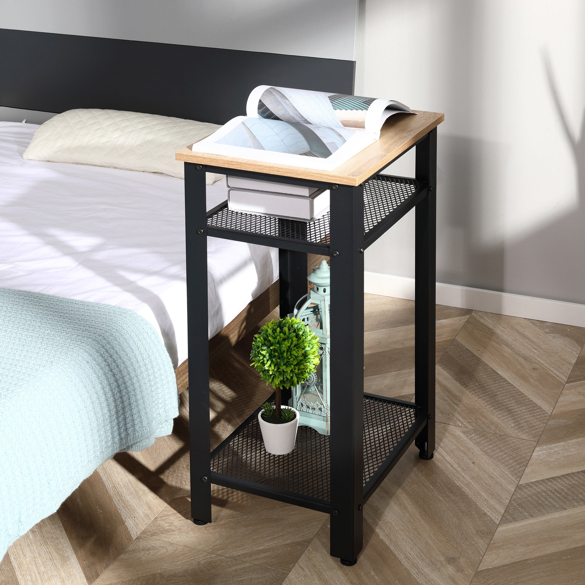 Kozy Tall Side Table with 3 Layer, 2 Shelves Storage Display Industrial-Style, Metal Frame, Bedside End Table for Living Room Bedroom, Oak and Black