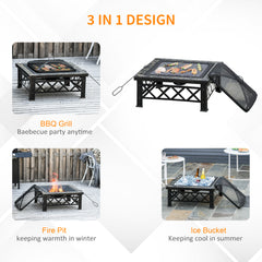Kozy Large Outdoor Fire Pit Table, 3 in 1 Square Wood Burning Firepit Metal Brazier, BBQ Grill, Ice Bucket w/ Grill Grate, Log Grate, Lid, Poker for Garden, Camping, Bonfire, 76 x 76 x 47cm, Black