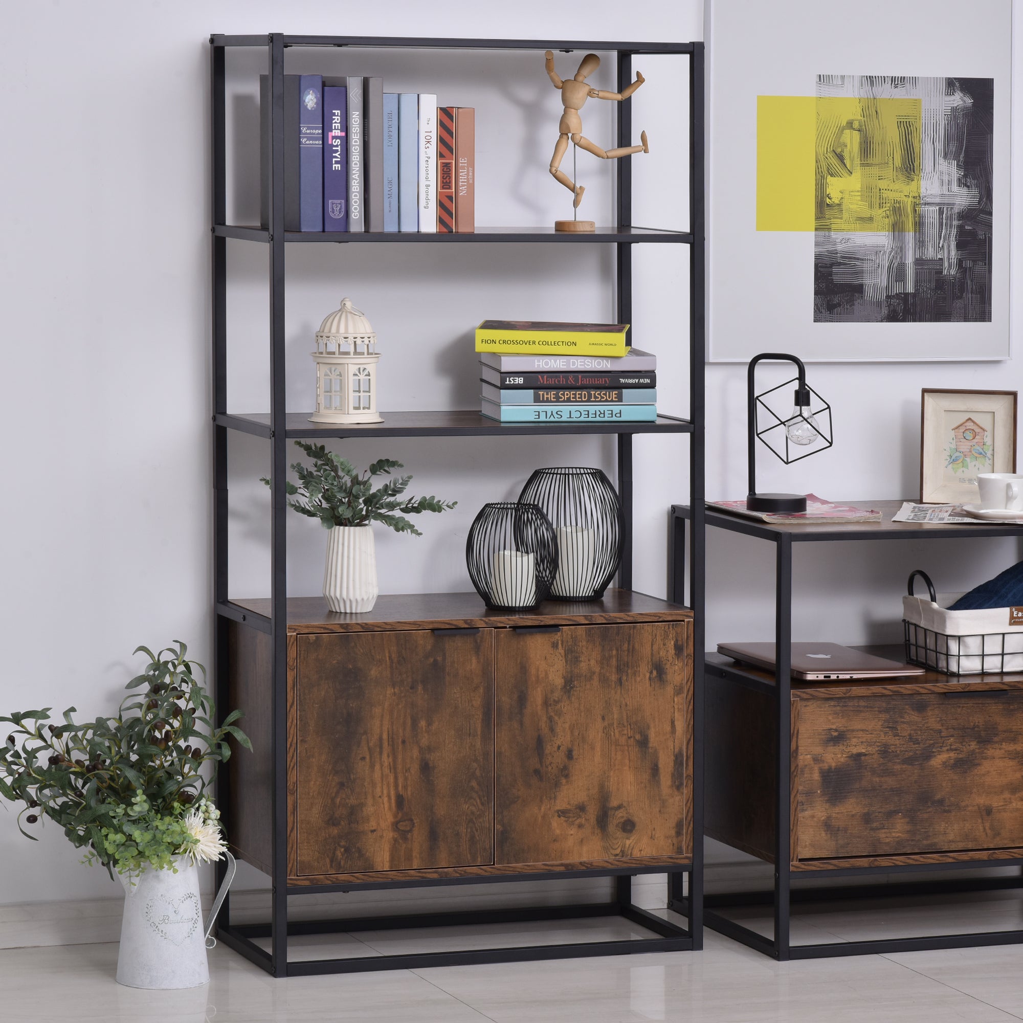 Kozy Industrial Bookshelf, Storage Shelf, Large Bookcase with 3 Open Shelves, Multifunctional Rack for Living Room, Office, Rustic Brown and Black
