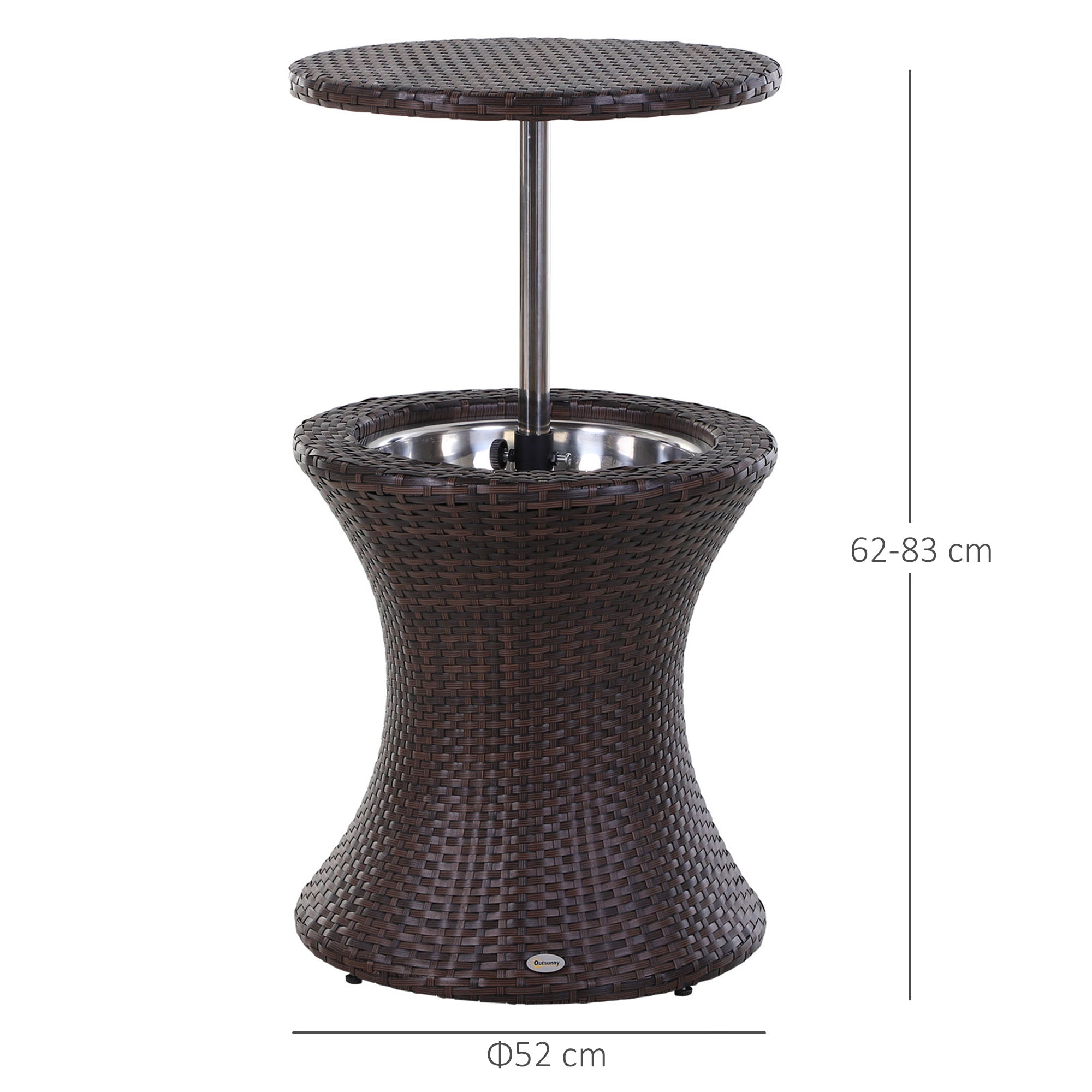 Kozy PE Rattan Ice Bucket Table, Height Adjustable Liftable Outdoor Drinks Cooler, 52 cm Round Garden Beer Cocktail Table with Lid for Bar, Patio, Terrace, Brown