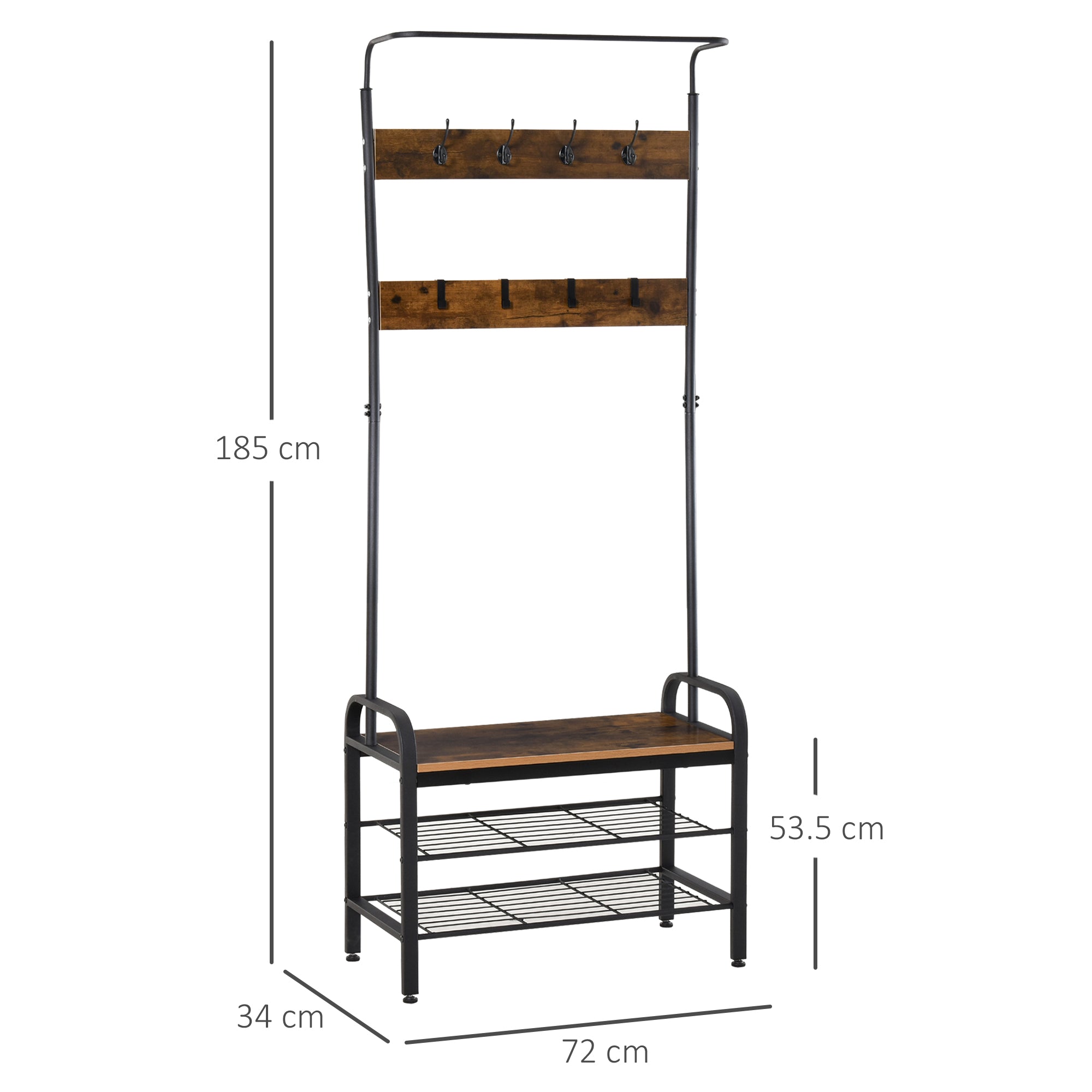 HOMCOM Coat Rack Stand Industrial hallway Shoe Rack Removable Hooks Metal Wood Hangers Storage Cabinet Rustic Brown 72L×34W×185H(cm)