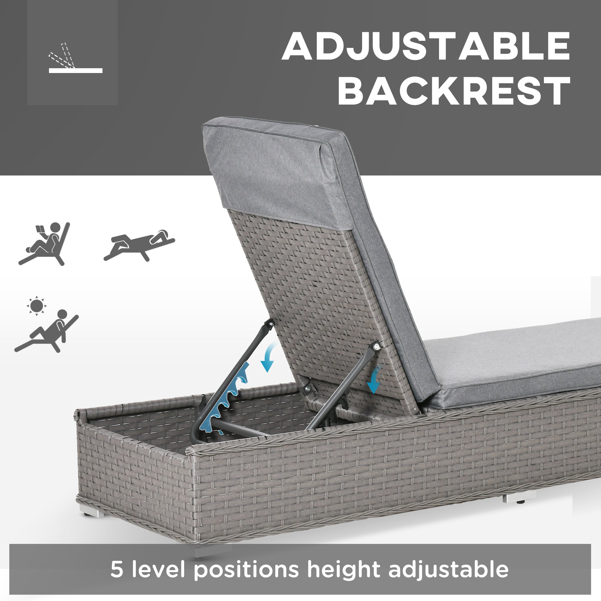 Kozy 3 Pieces Rattan Sun Lounger Set with Aluminium Frame, 5-Position Adjustable Reclining Garden Chairs and Glass Top Table, Wicker Garden Furniture Daybed with Cushions for Patio, Grey