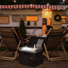 Kozy 50L Car Refrigerator, Portable Compressor Cooler Box, Fridge Freezer w/ Inner LED Light, Foldable Handles, Cup Holders, 12/24V DC and 110-240V AC for Campervan RV Boat Travel Down to -20℃