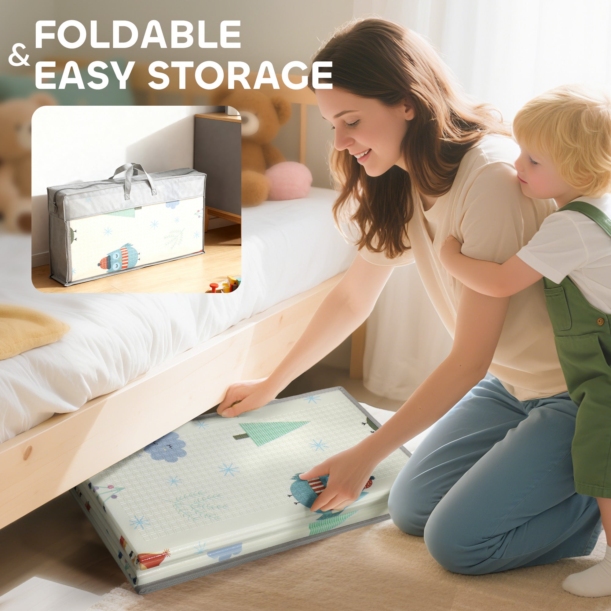 Kozy Foldable Baby Plat Mat Double Sided, Kids Floor Mat for Crawling, 195.5L x 147.5W cm, Car track and Owl Theme