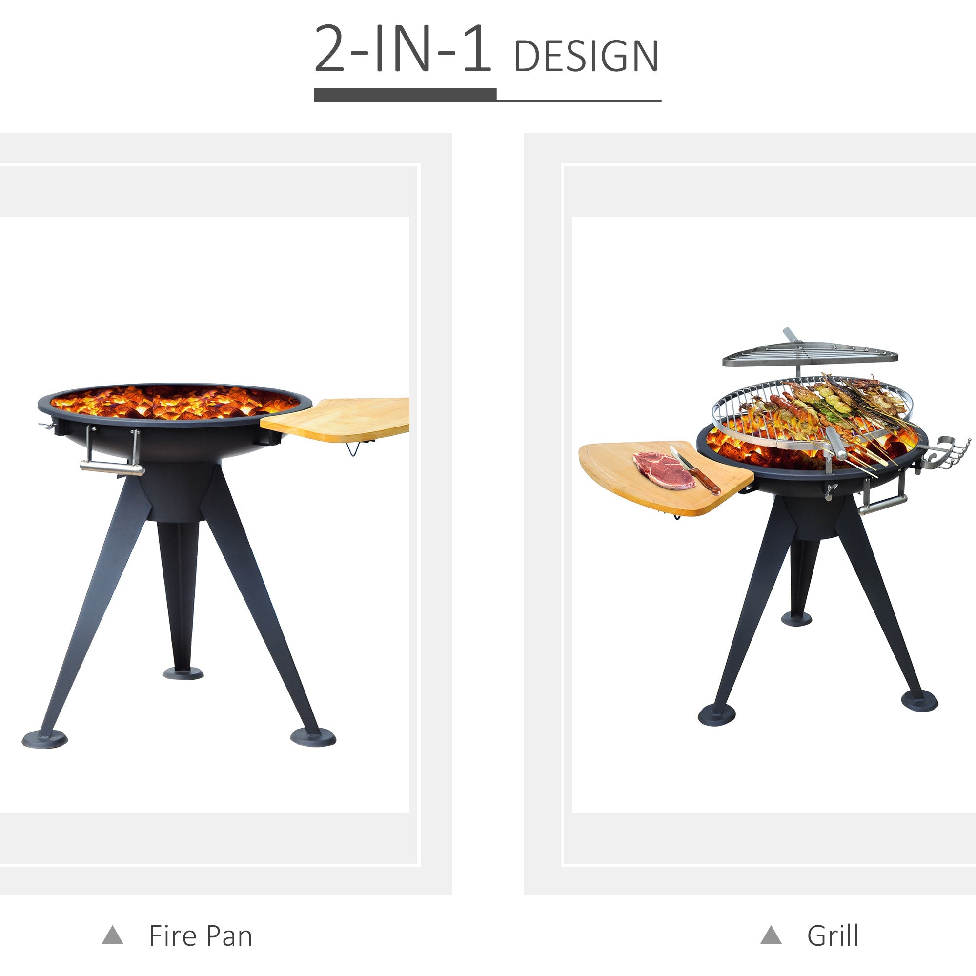 Outsunny Charcoal BBQ Outdoor Garden Adjustable Barbecue Double Grill Party Cooking Fire Pit with Cutting Board - Black | Aosom UK