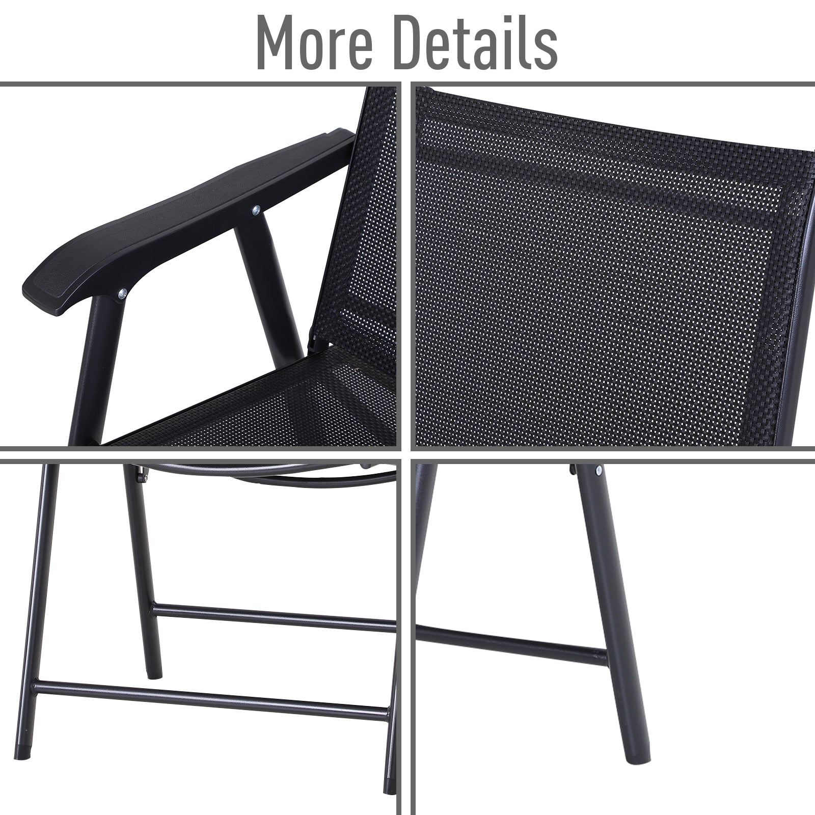 Outsunny Set of 2 Garden Chairs Outdoor Patio Foldable Metal Park Dining Seat Yard Furniture Black