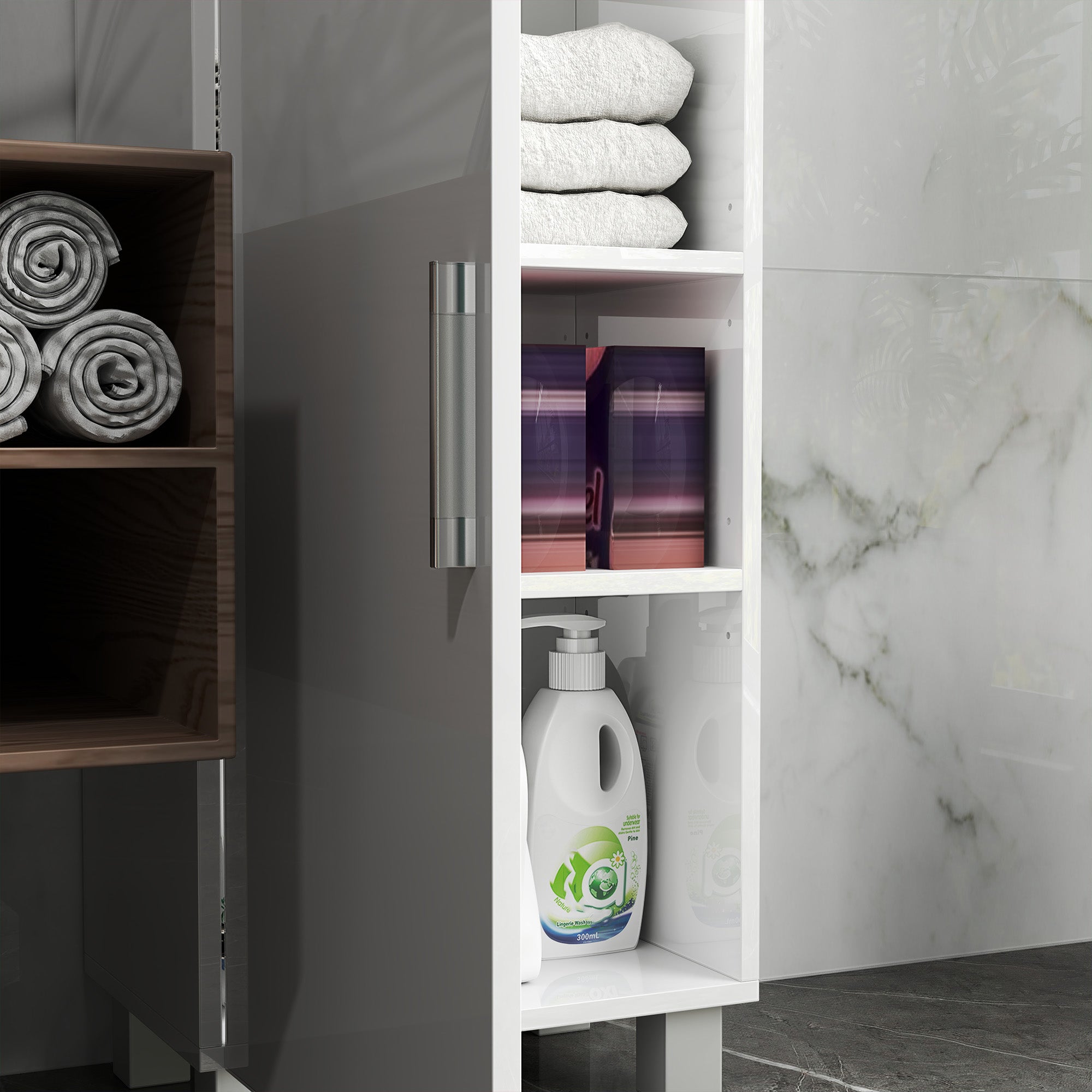 Kozy - Tall Bathroom Cabinet, Freestanding Bathroom Cabinet with Adjustable Shelves and Double Doors