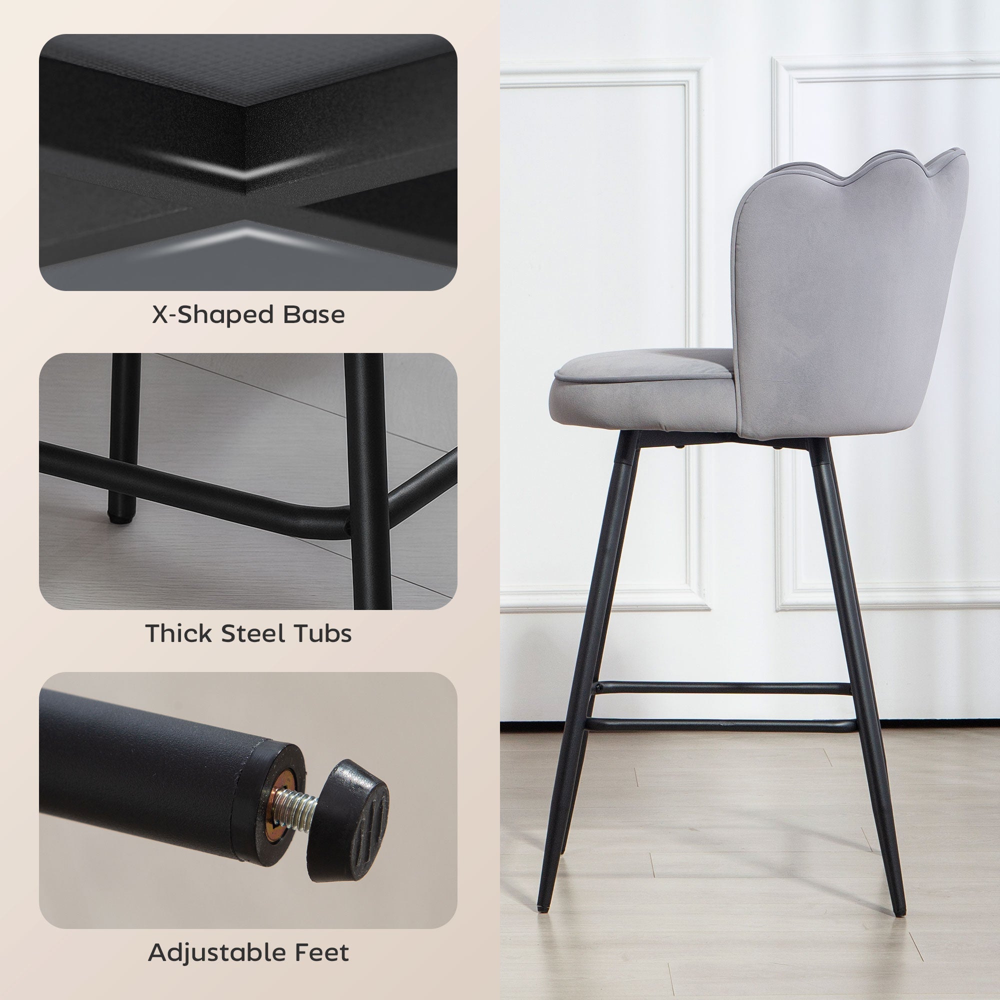 Kozy - Set of Two Velvet-Feel Lotus Bar Stools - Grey