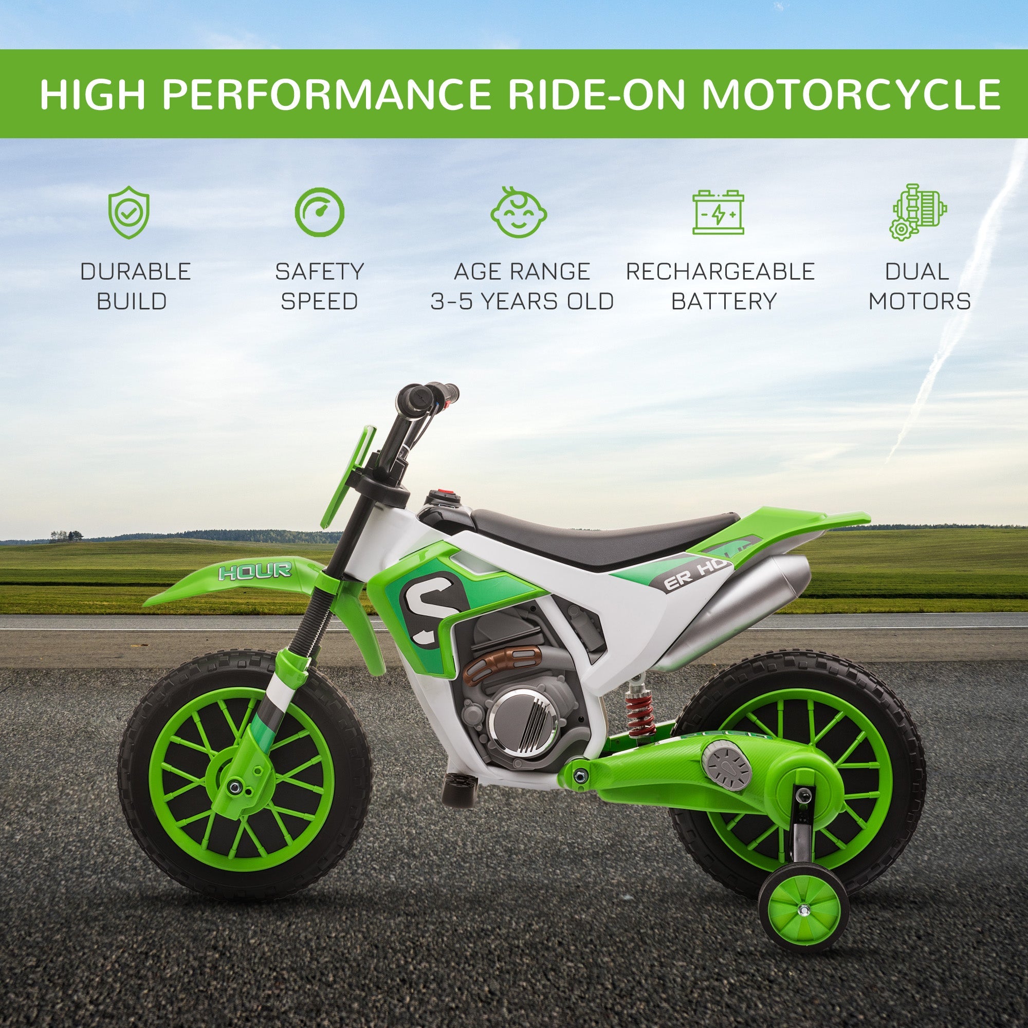 HOMCOM 12V Kids Electric Motorbike Ride On Motorcycle Vehicle Toy with Training Wheels for 3-5 Years Old, Green