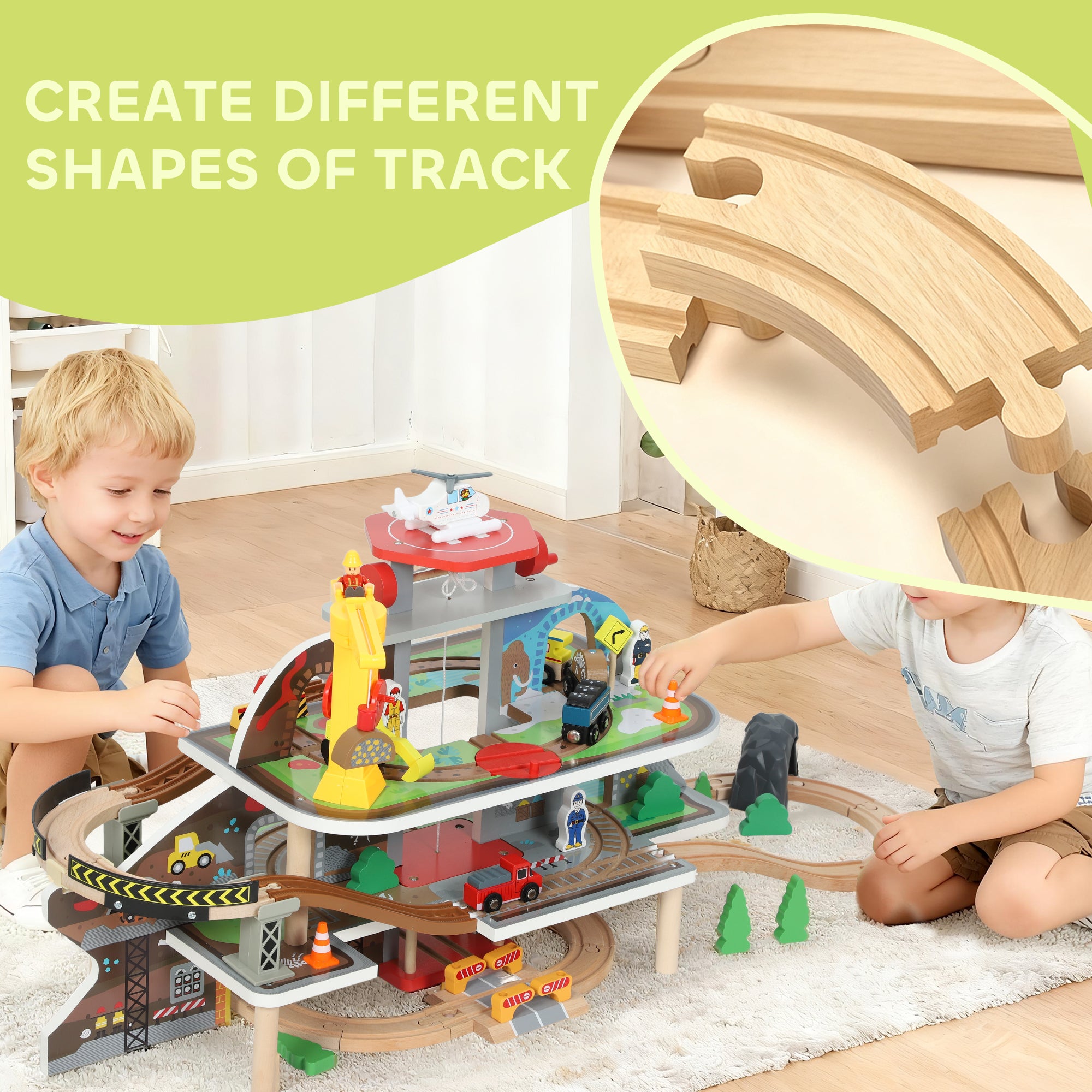 Kozy 79 Piece Wooden Train Set, Kids Train Track Mine Themed with Crane, Helicopter