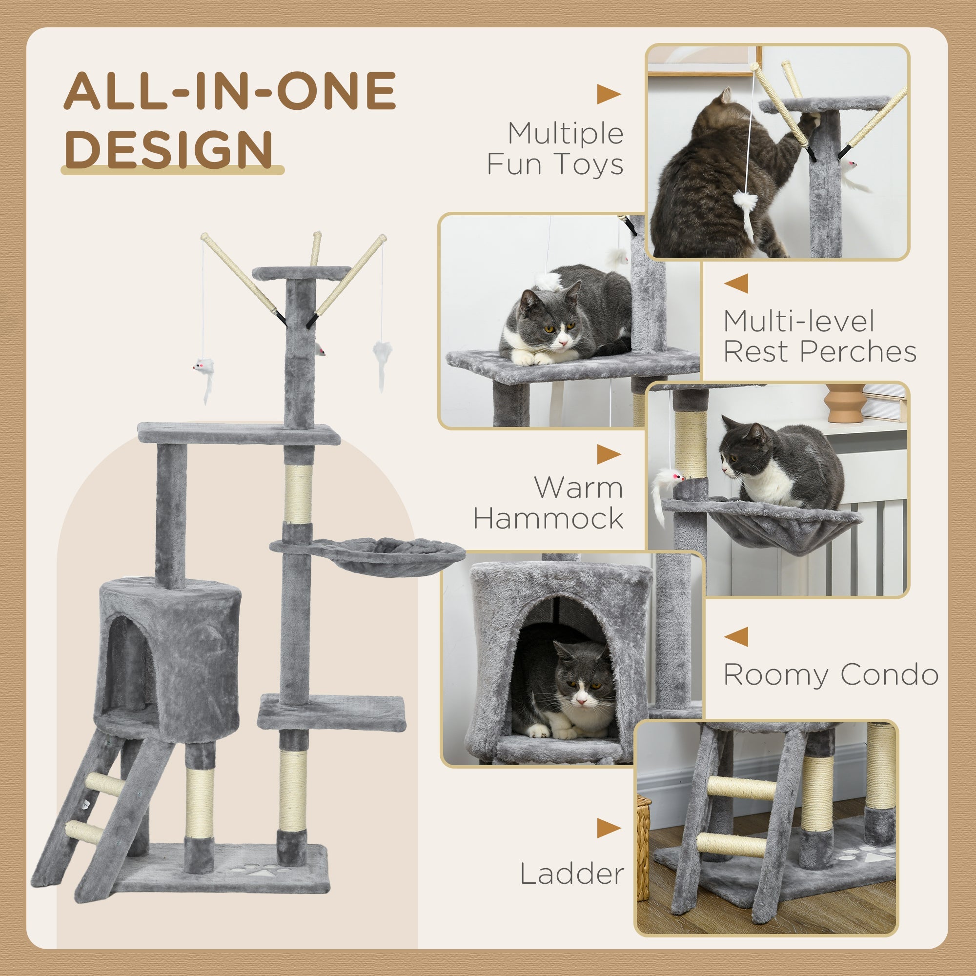 PawHut Cat Scratching Post, Cat Tree for Indoor Cats, Climbing Tower Scratcher with Ladder, Kitty Activity Centre, 135cm, Grey | Aosom UK