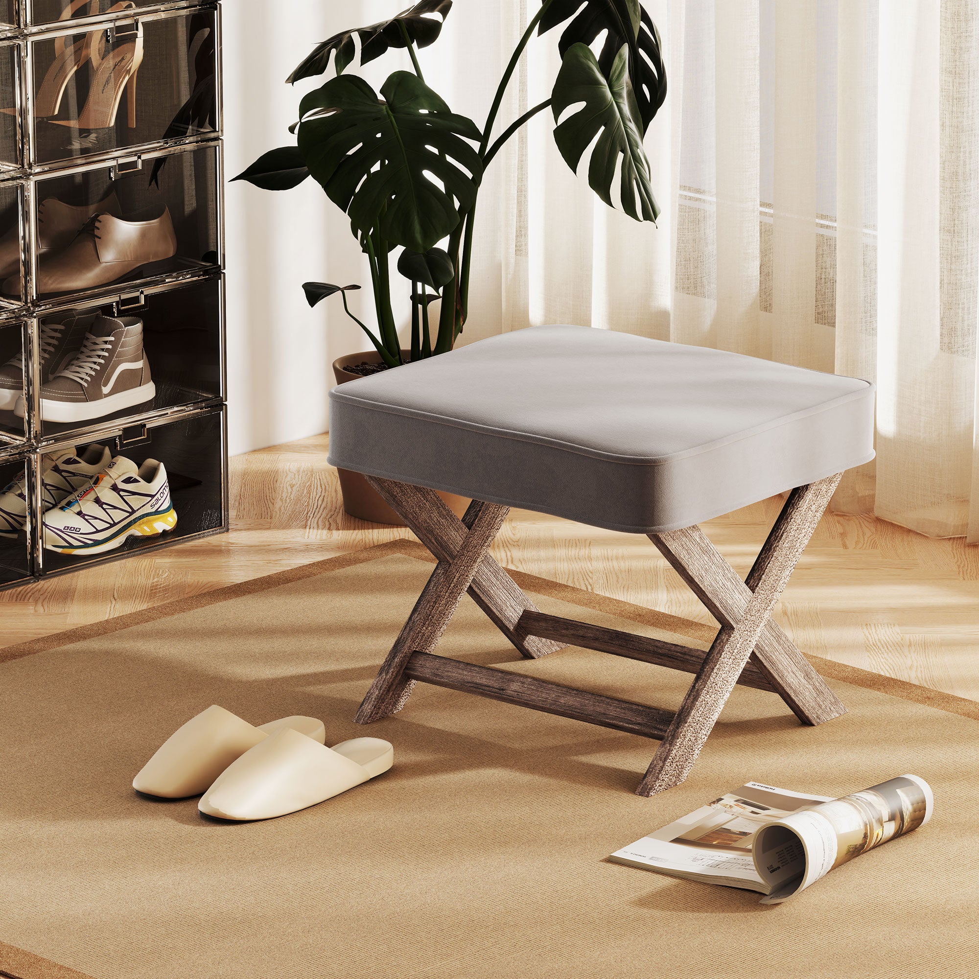 Kozy Vintage Footstool Padded Seat X Leg Chair Velvet Cover Shabby Chic Footrest Solid Rubber Wood Frame 49.5 x 45 x 41 cm Grey