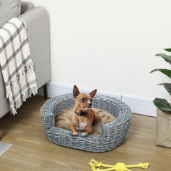 Kozy Wicker Pet Bed Willow Dog Cat Sofa Couch Puppy Basket with Cushion Grey 57L x 46W x 17.5H cm