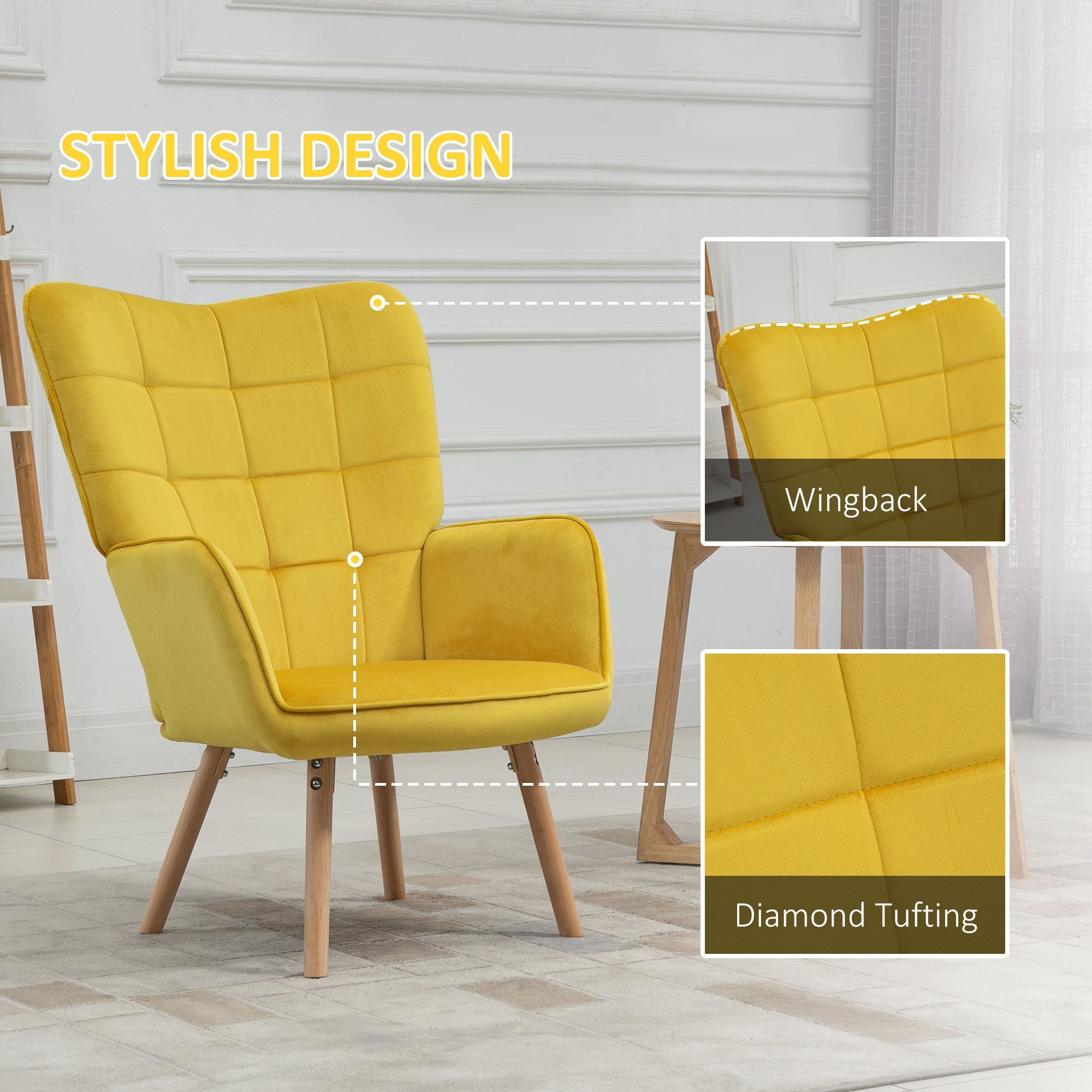 Modern Accent Chair HOMCOM Velvet-Touch Tufted Wingback Armchair Upholstered Leisure Lounge Sofa Club Chair with Wood Legs, Yellow | Aosom UK