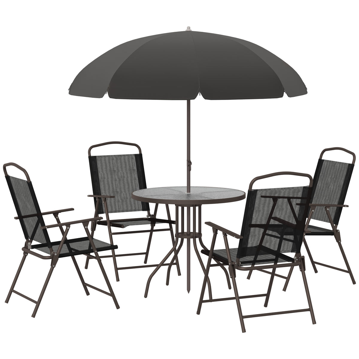 Kozy 6 Piece Garden Dining Set with Umbrella, Patio Sets with Parasol with 4 Folding Dining Chairs & Round Tempered Glass Table, Black