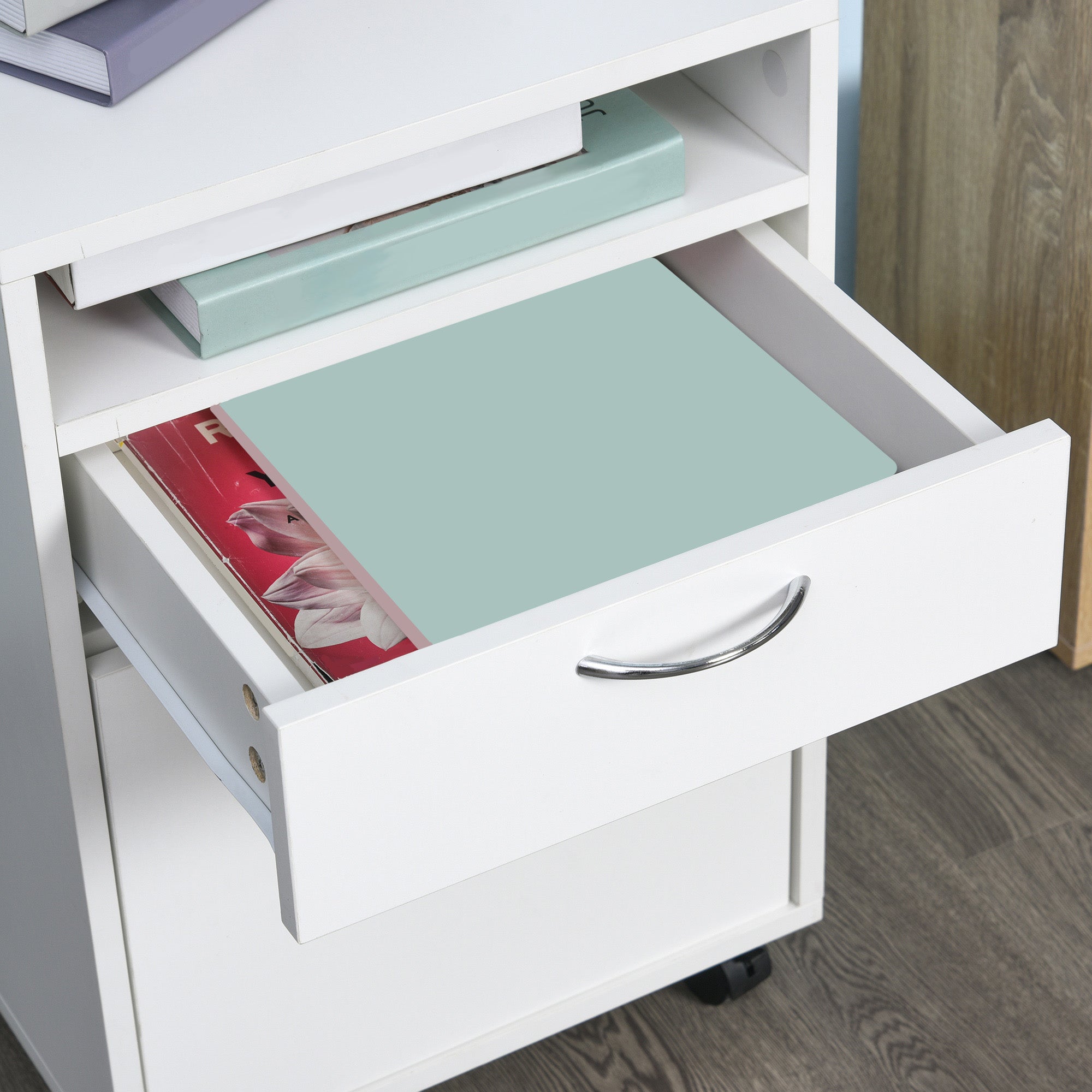 Kozy 60cm Filing Cabinet with Drawer, Open Shelf, Metal Handles and 4 Wheels, Office Home Organiser Mobile Printer, White