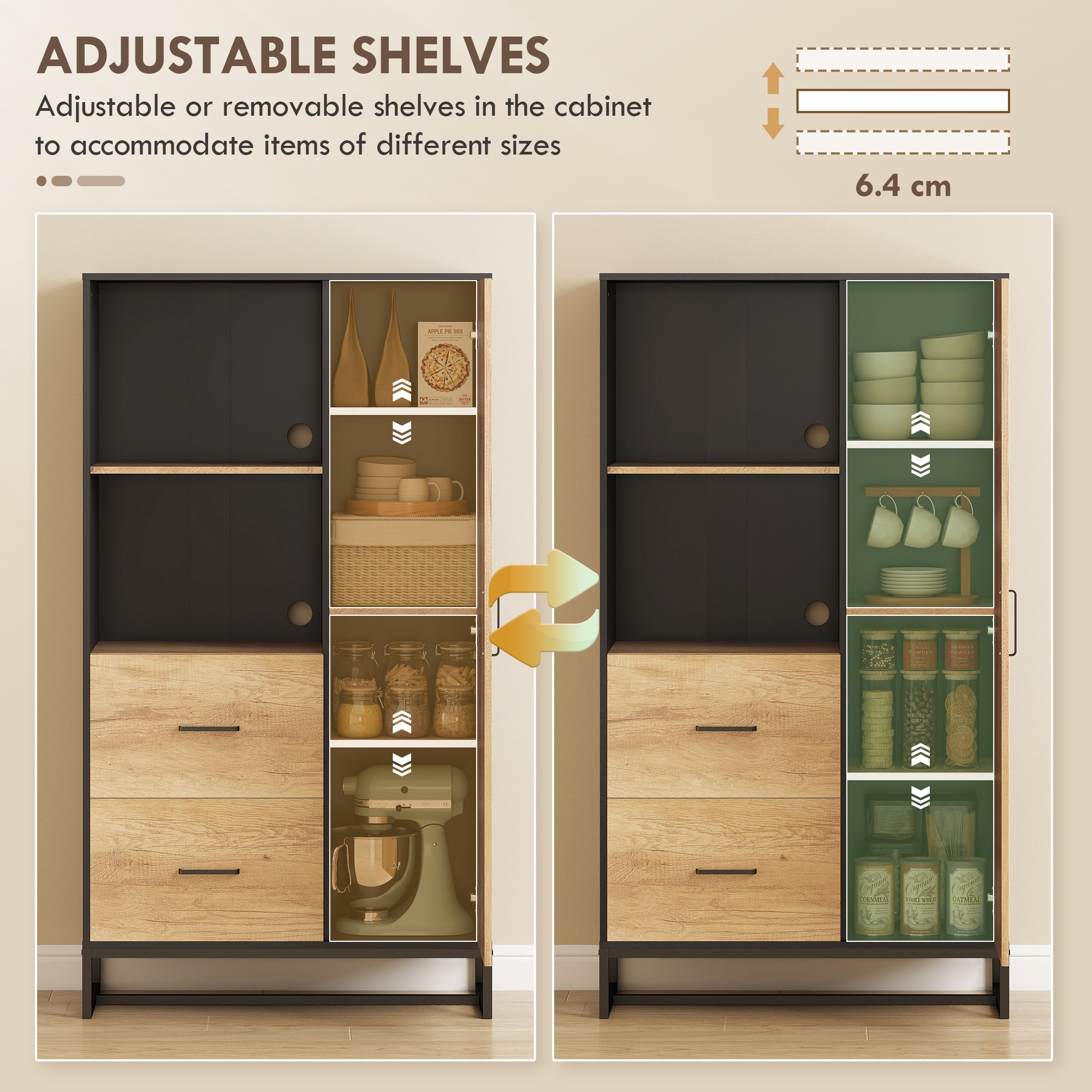 Kozy Tall Kitchen Cupboard, Freestanding Kitchen Pantry Cabinet with Adjustable Shelves, Drawers and Soft Close Door, 160cm