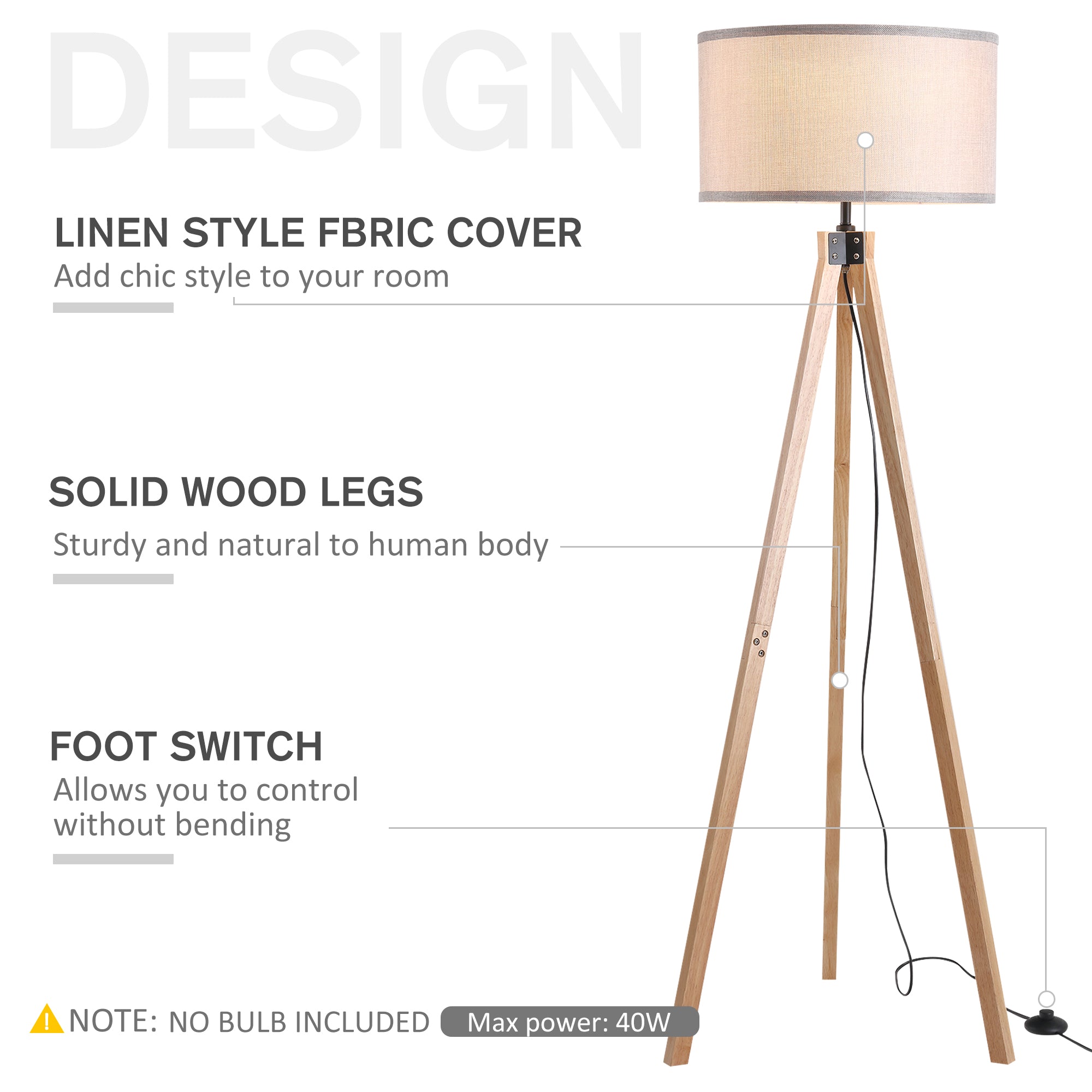 Kozy Floor Lamp with Elegant Wood Tripod, Free Standing E27 Bulb Lamp Versatile Use For Home Office - Beige