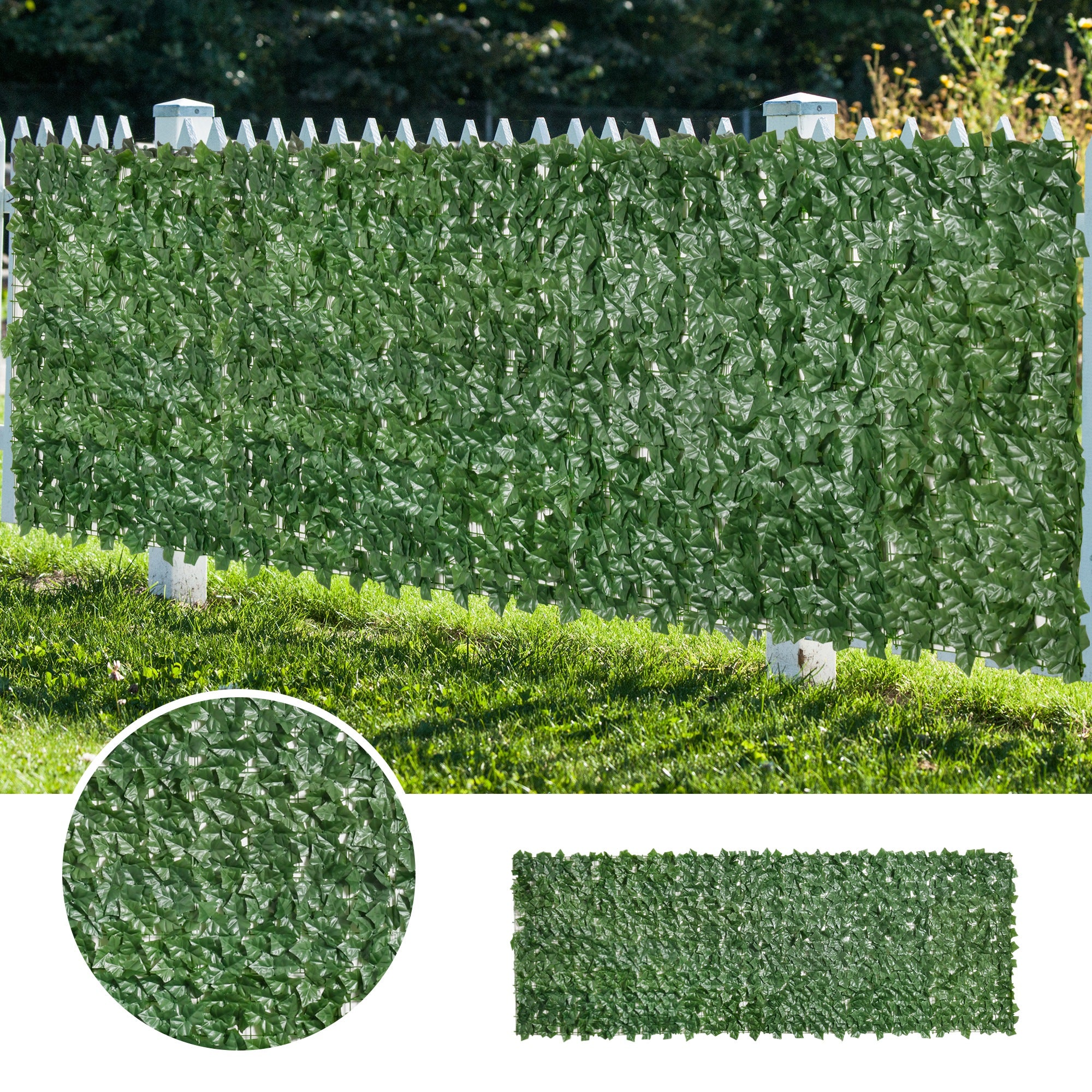 Outsunny Artificial Hedge Screen, Leaf Design for Garden Outdoor Indoor Decor, 3M x 1M, Dark Green