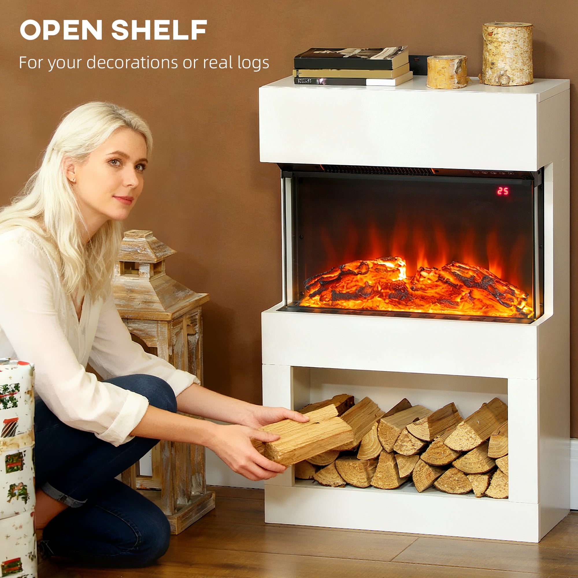 Kozy - Electric Fireplace with 3D Flame Effect, 6 Colours & 3 Brightness Levels, 1000W/2000W White Electric Fire and Mantel Reach up to 30㎡ Space with Remote & Timer, 3 Sided View for Living Room